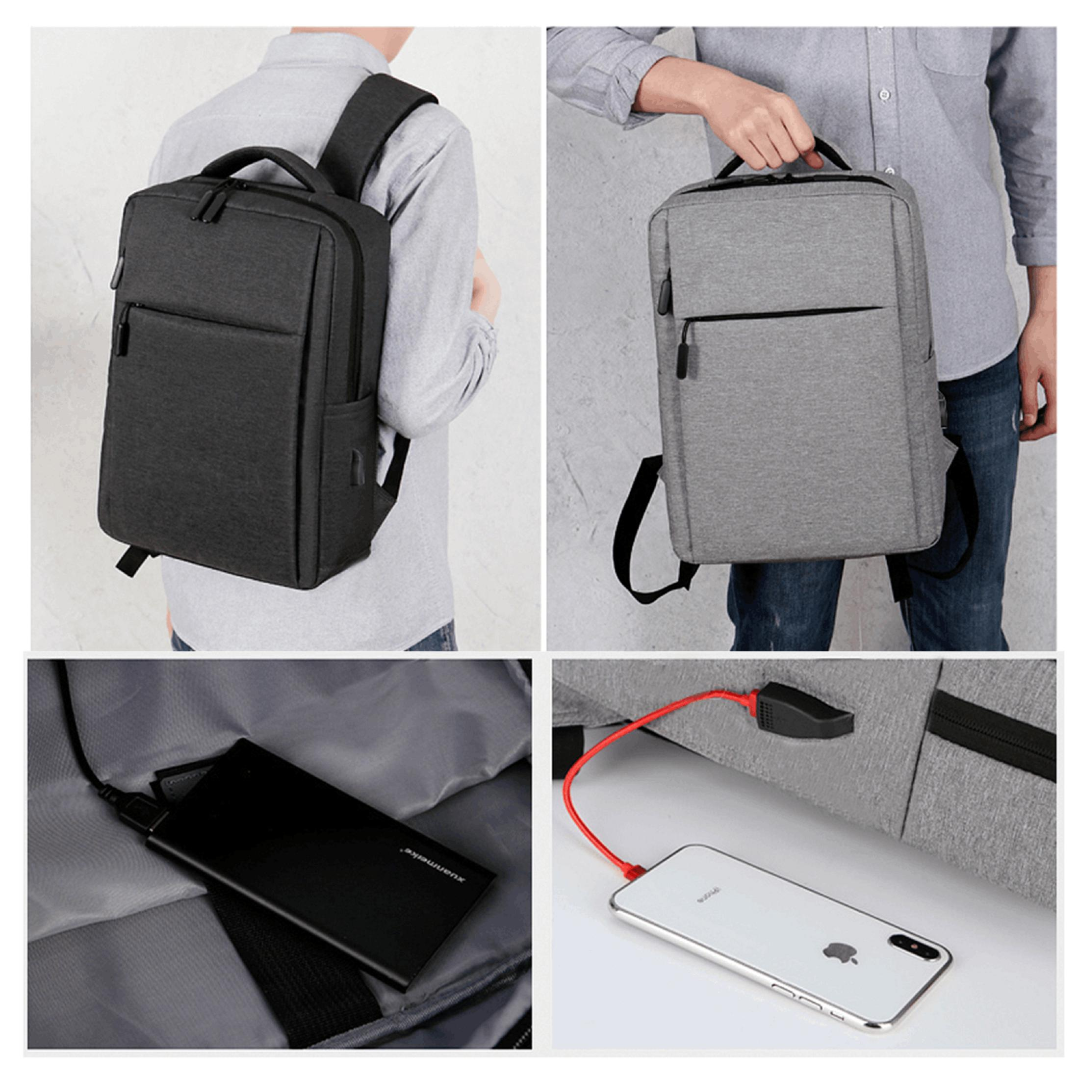Quattro viste di zaini e accessori: due indossati, un power bank, un iPhone in carica.