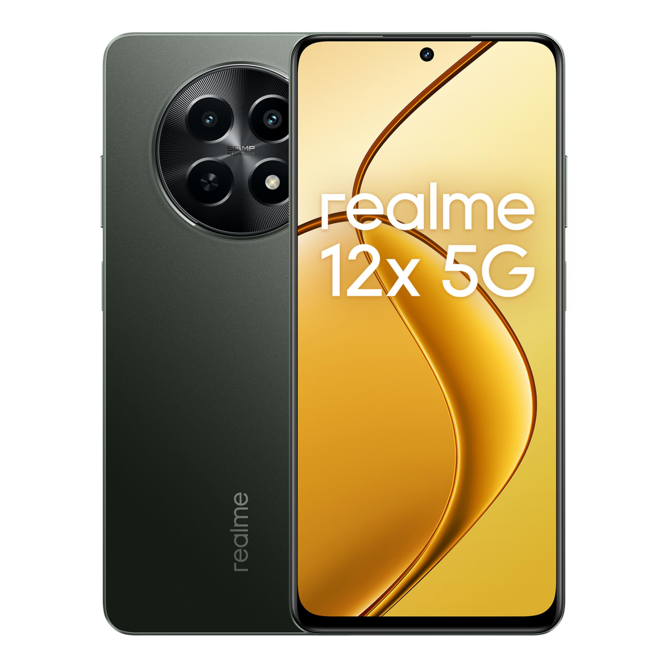 Uno smartphone Realme 12x 5G scuro con fotocamera circolare e sfondo giallo.