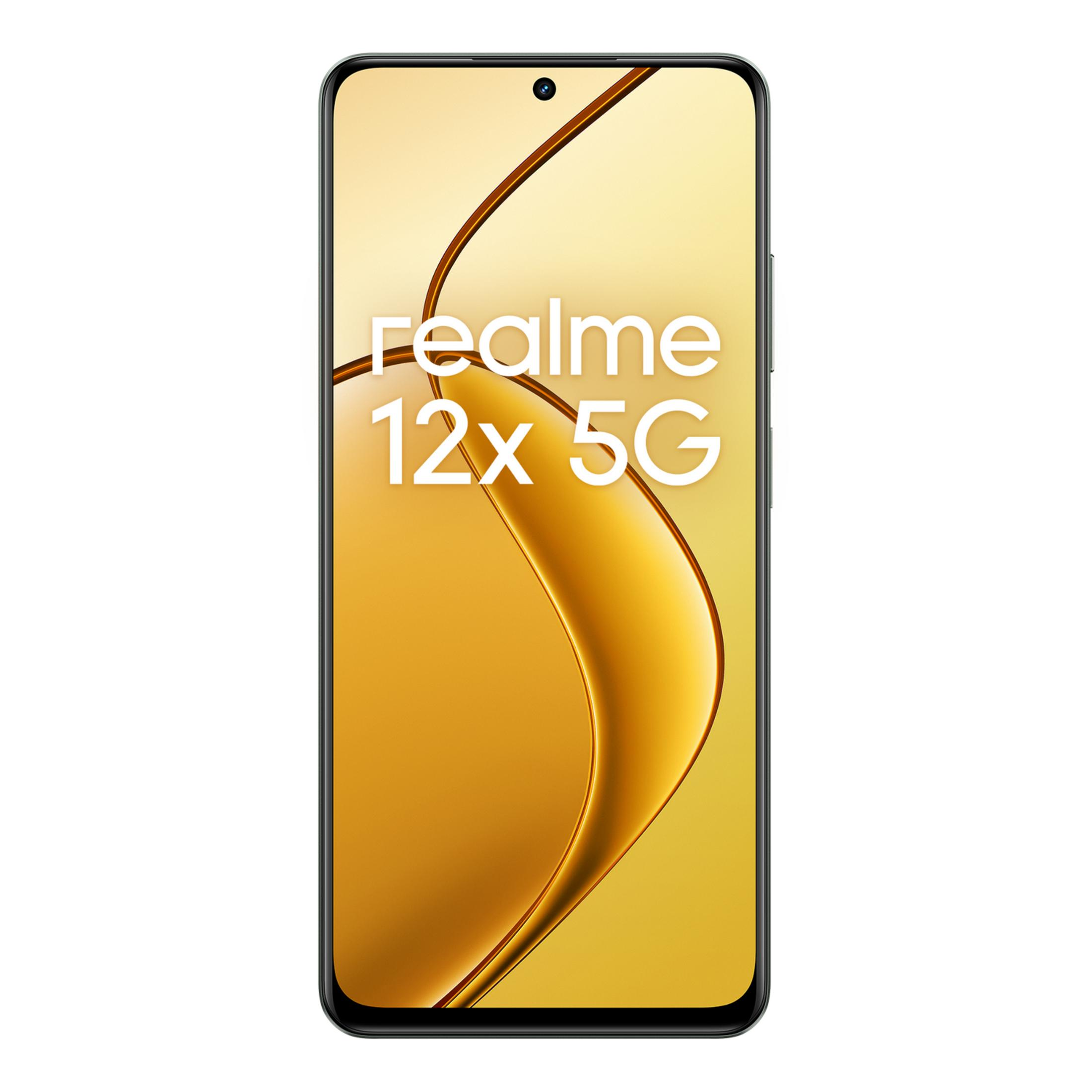 Uno smartphone con la scritta "realme 12x 5G" su sfondo giallo.