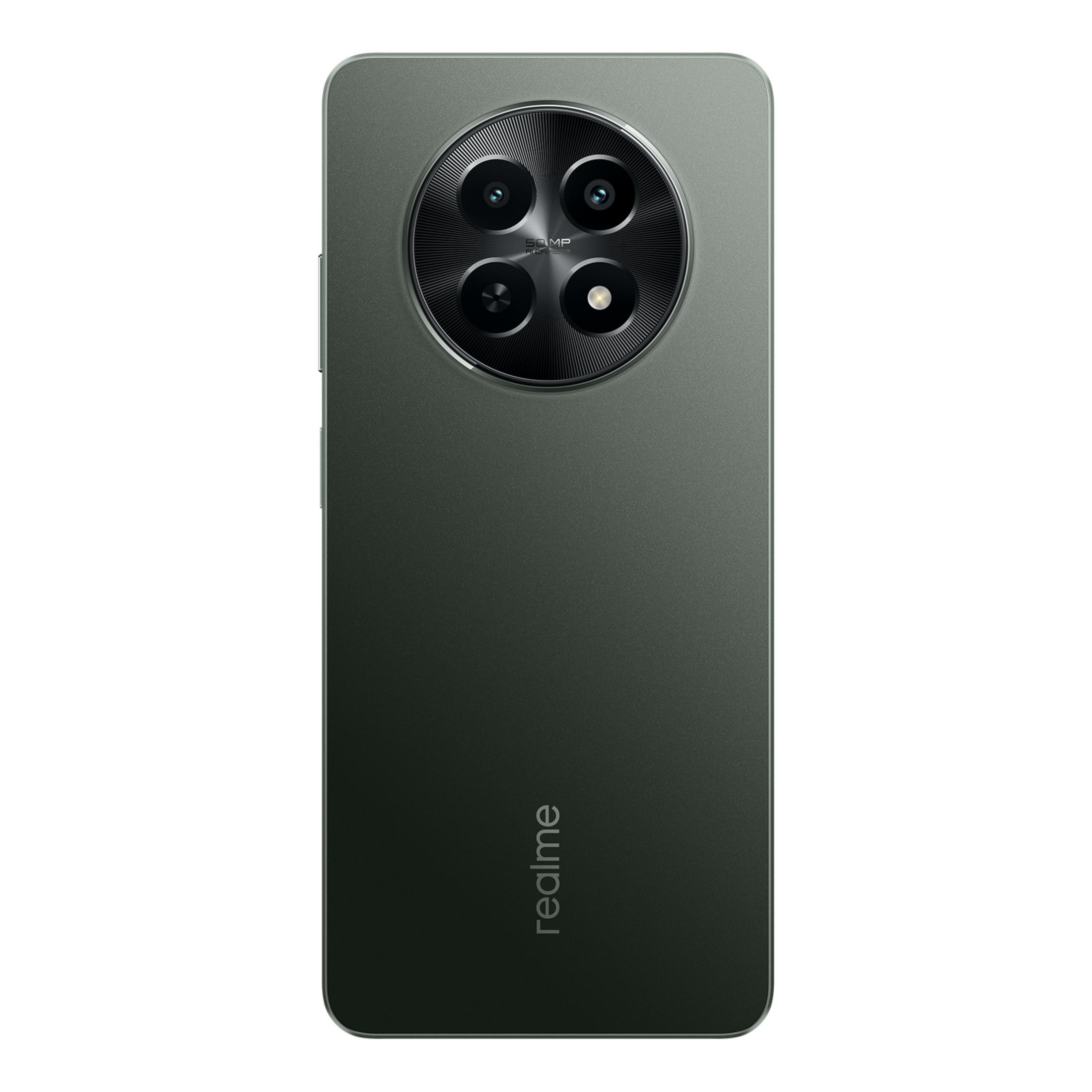 Smartphone grigio scuro con quattro fotocamere in un modulo rotondo. Logo Realme in basso.
