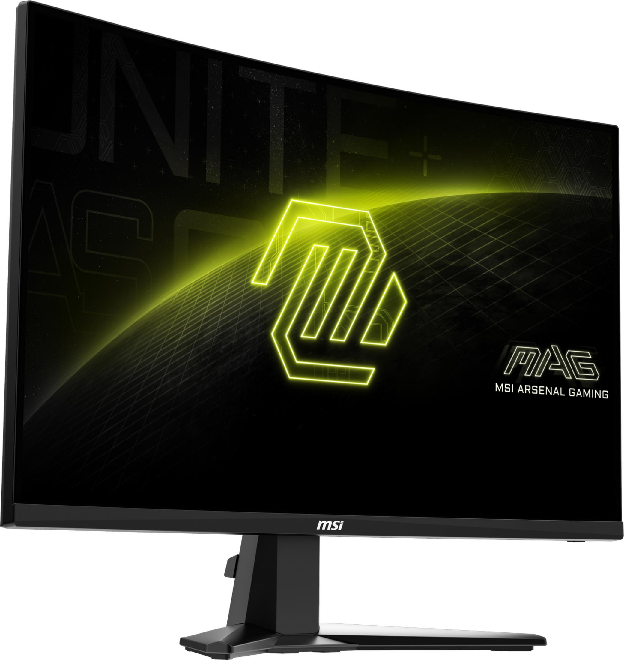 Ein gekrümmter MSI-Gaming-Monitor zeigt ein neongrünes Logo und Text auf schwarzem Hintergrund.