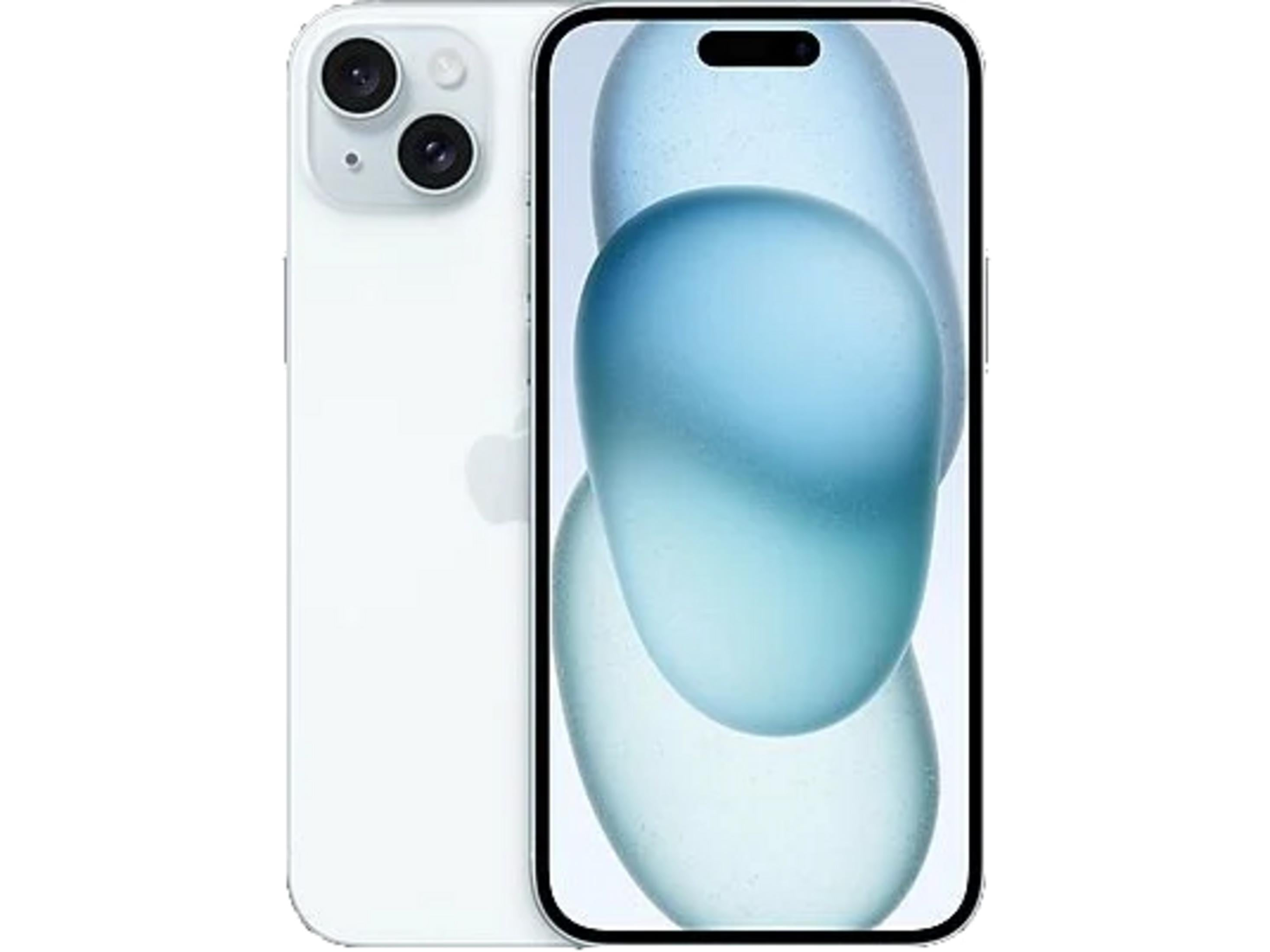 iPhone bianco con doppia fotocamera posteriore e sfondo astratto blu sullo schermo.