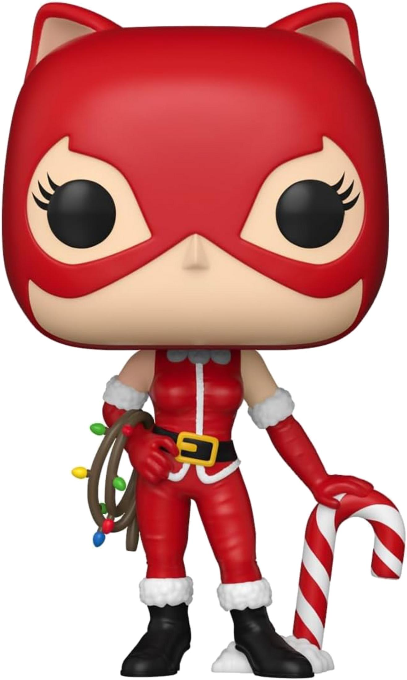 Figura roja con orejas de gato, disfraz de Papá Noel, luces y bastón de caramelo.