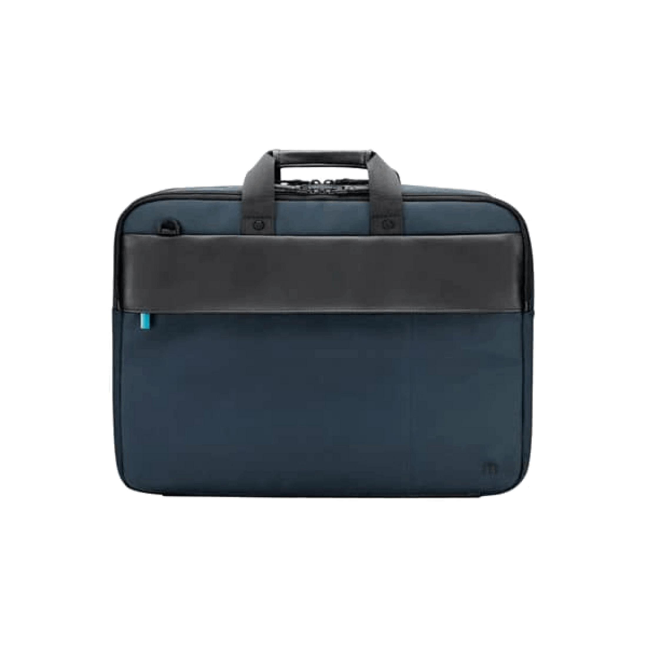 Una borsa per laptop blu scuro con finiture in pelle nera e manici.