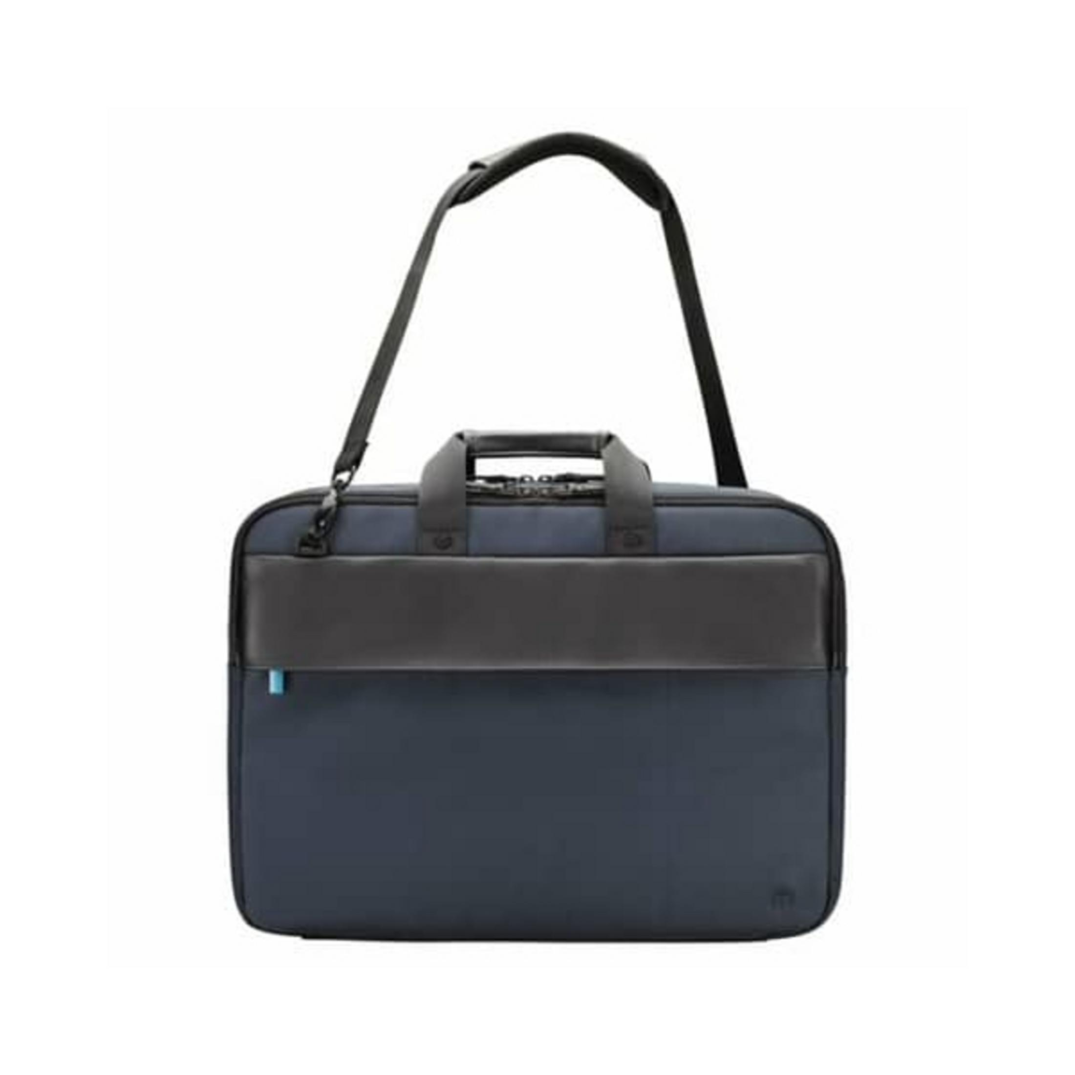 Una borsa per laptop blu scuro con dettagli in pelle e manici.