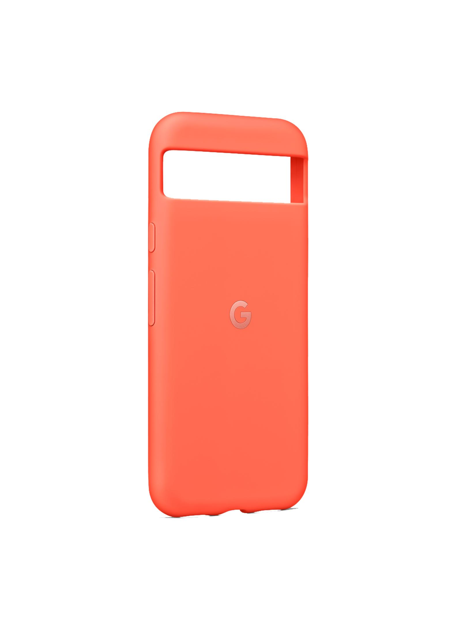 Funda de teléfono naranja con logo de Google, abertura frontal.