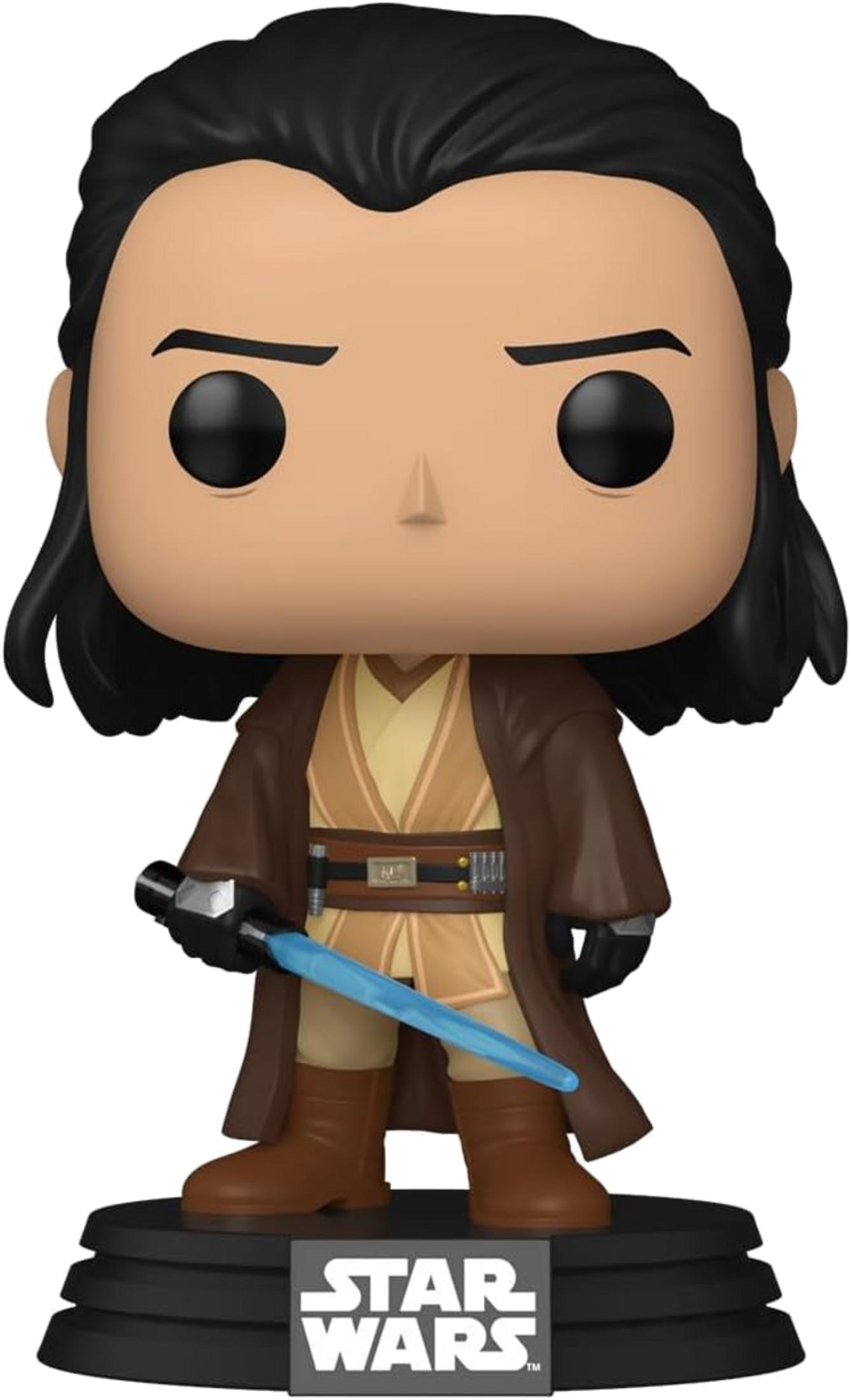 Un personaggio Funko Pop in veste marrone tiene una spada laser blu.