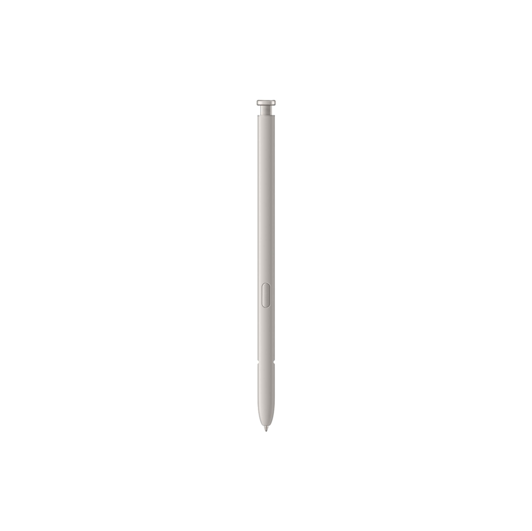 Un lápiz óptico plateado con un pequeño botón rectangular en la parte superior.