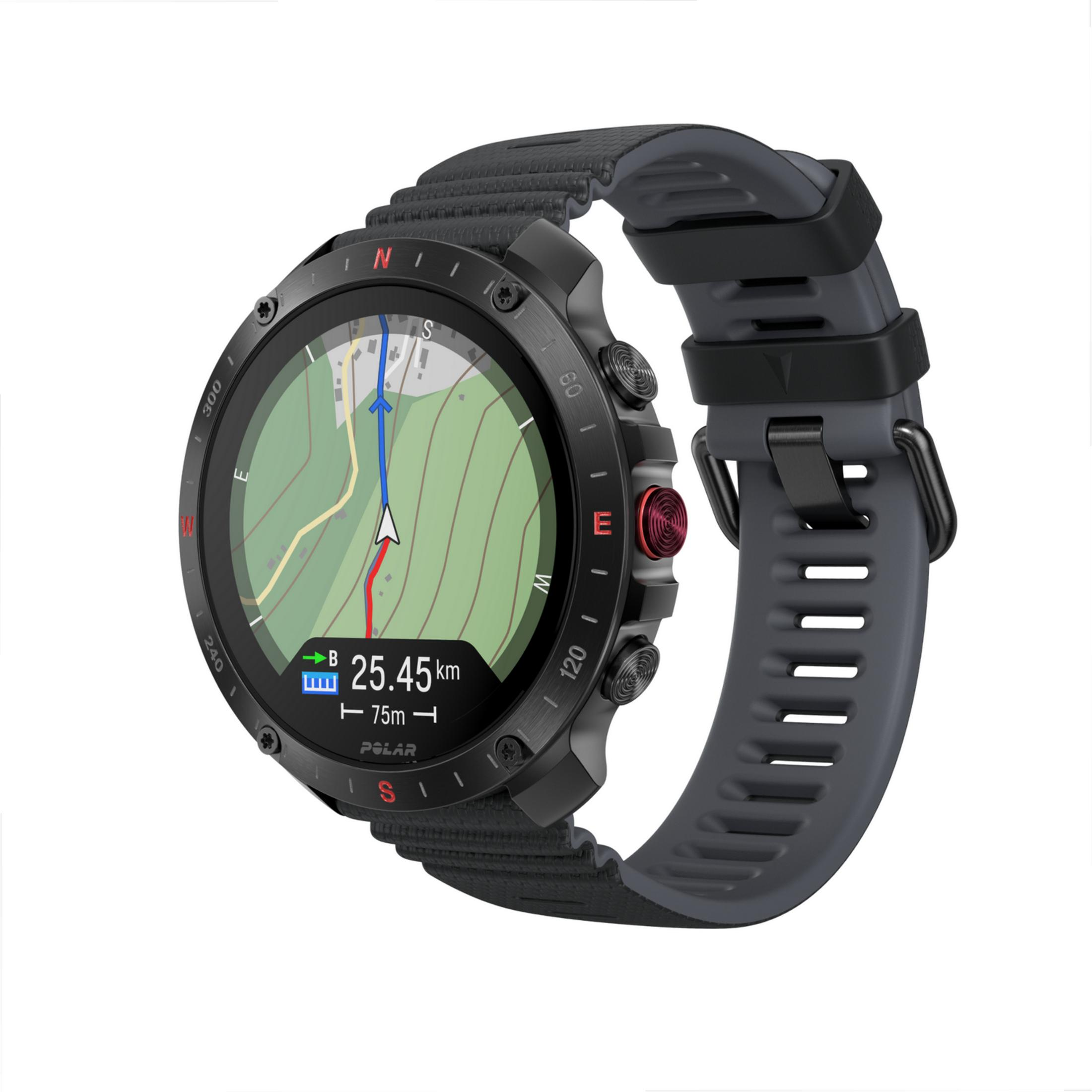 Orologio smart grigio con mappa dettagliata, distanza 25,45 km, altitudine 75 m.