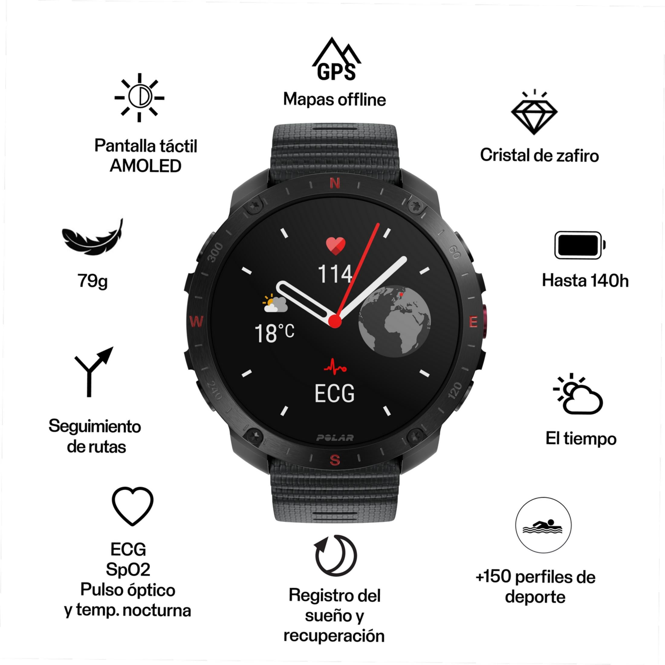 Smartwatch con display AMOLED, GPS, 79g, batteria 140h, meteo.