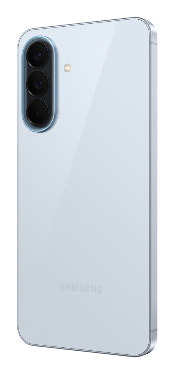 Retro di uno smartphone Samsung azzurro con tre obiettivi e flash.