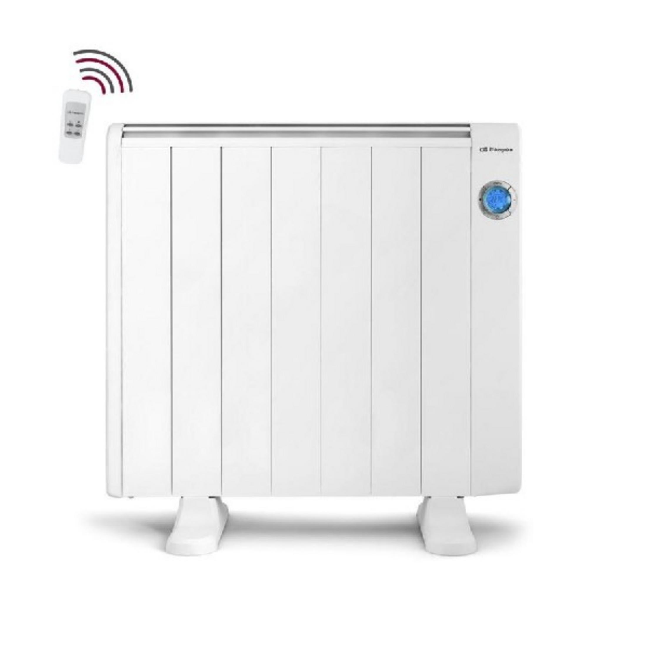 Un radiatore elettrico bianco con telecomando e simbolo Wi-Fi.