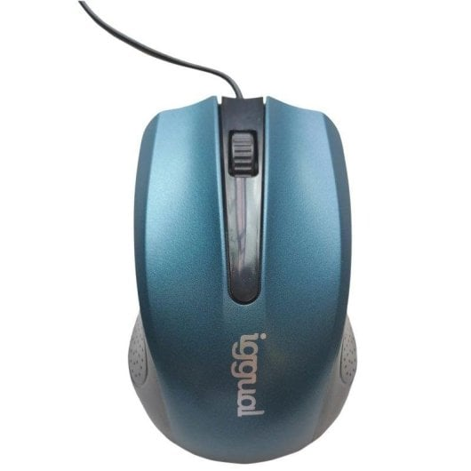 Ratón de ordenador azul con rueda de desplazamiento y cable.