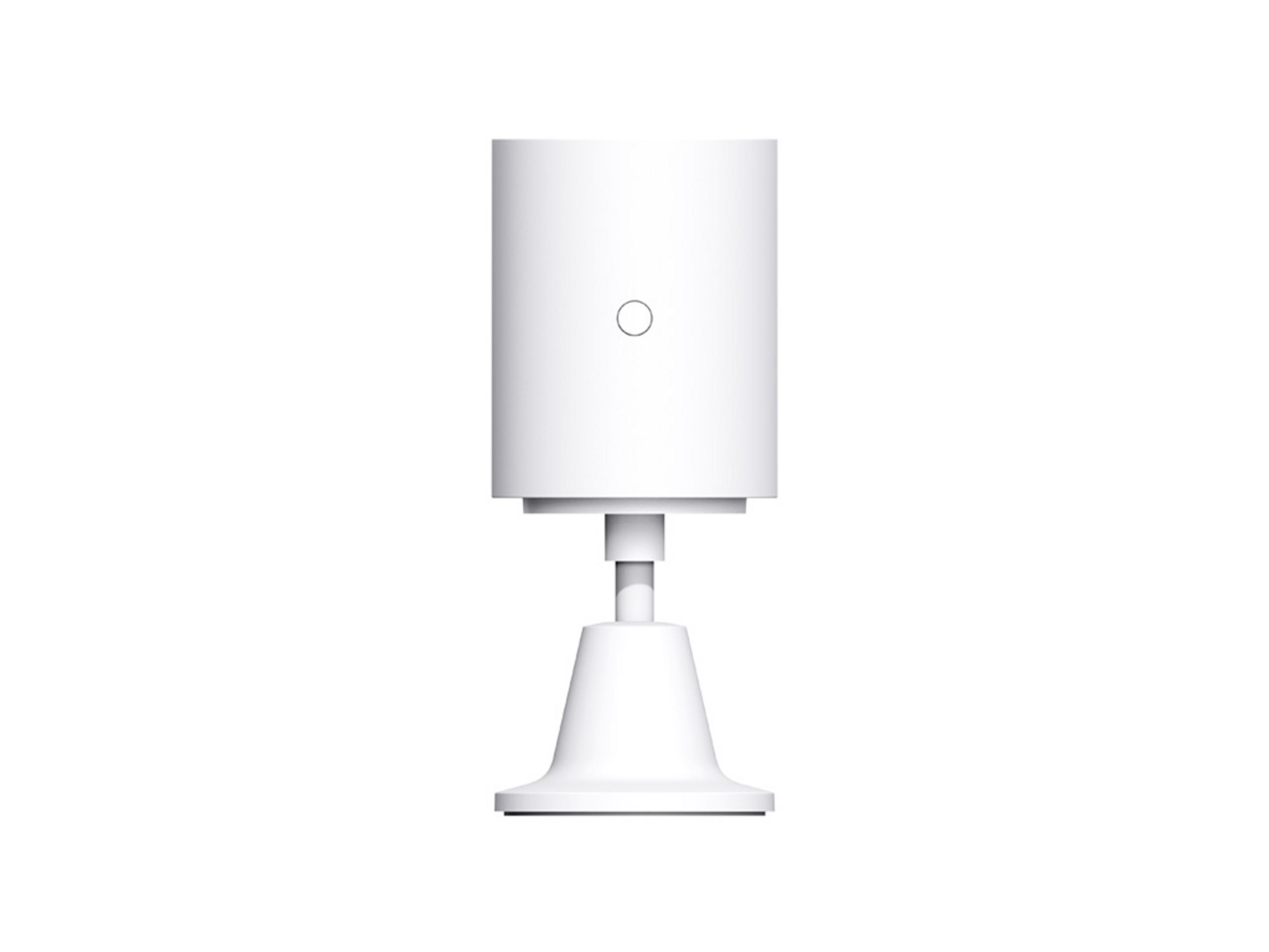 Un sensore bianco per la smart home con un pulsante circolare sul davanti.