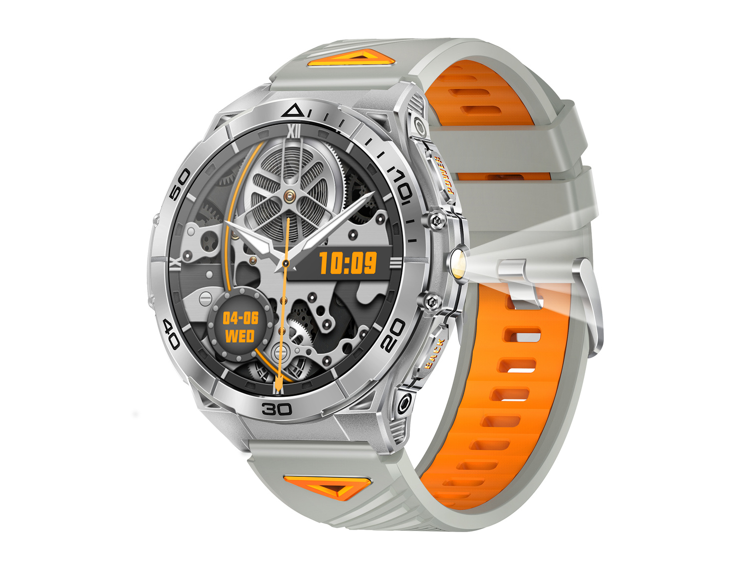 Srebrny smartwatch z pomarańczowymi akcentami, pokazuje 10:09 i datę.