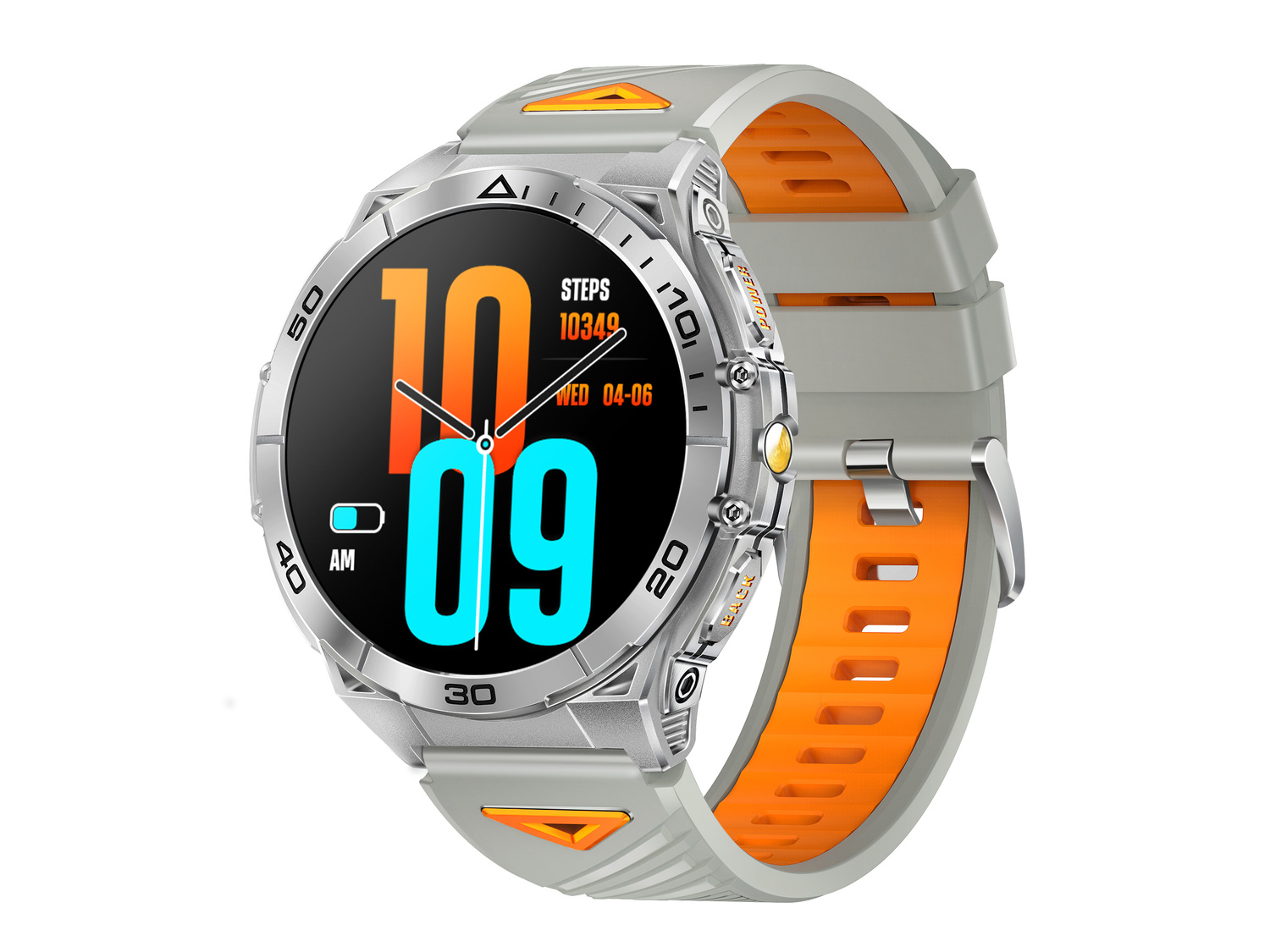 Srebrny smartwatch z szaro-pomarańczowym paskiem pokazuje 10:09, kroki i datę.