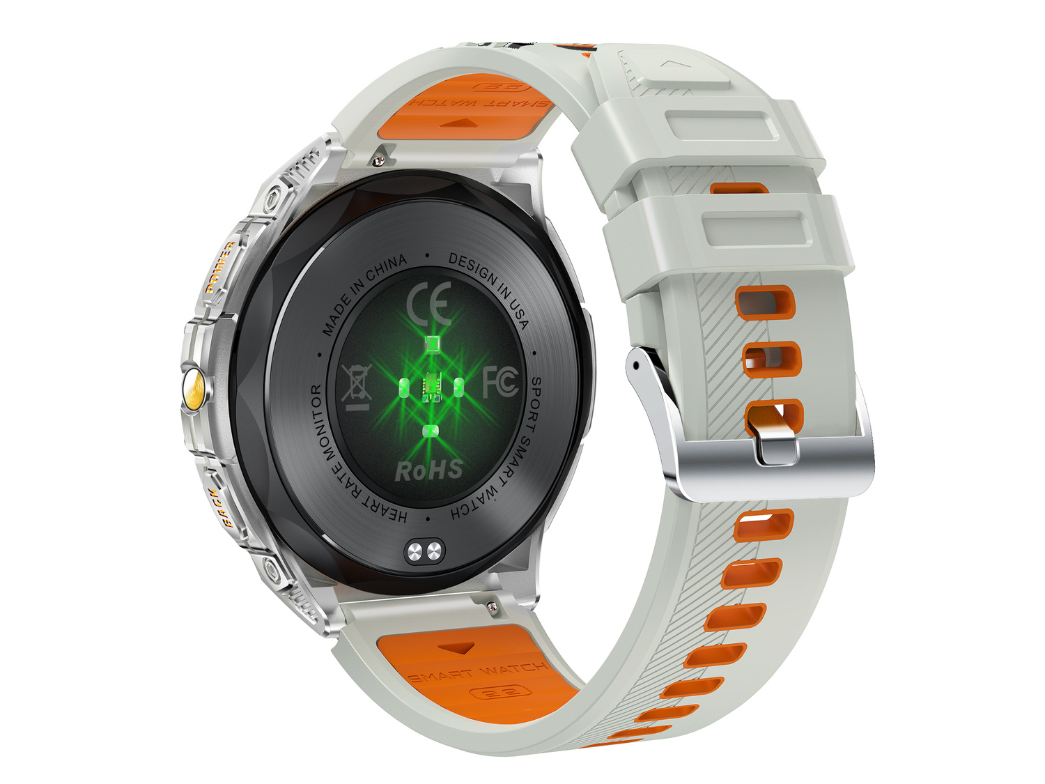 Biały i pomarańczowy smartwatch z tyłem pokazującym napisy „Made in China” i „Design in USA”.