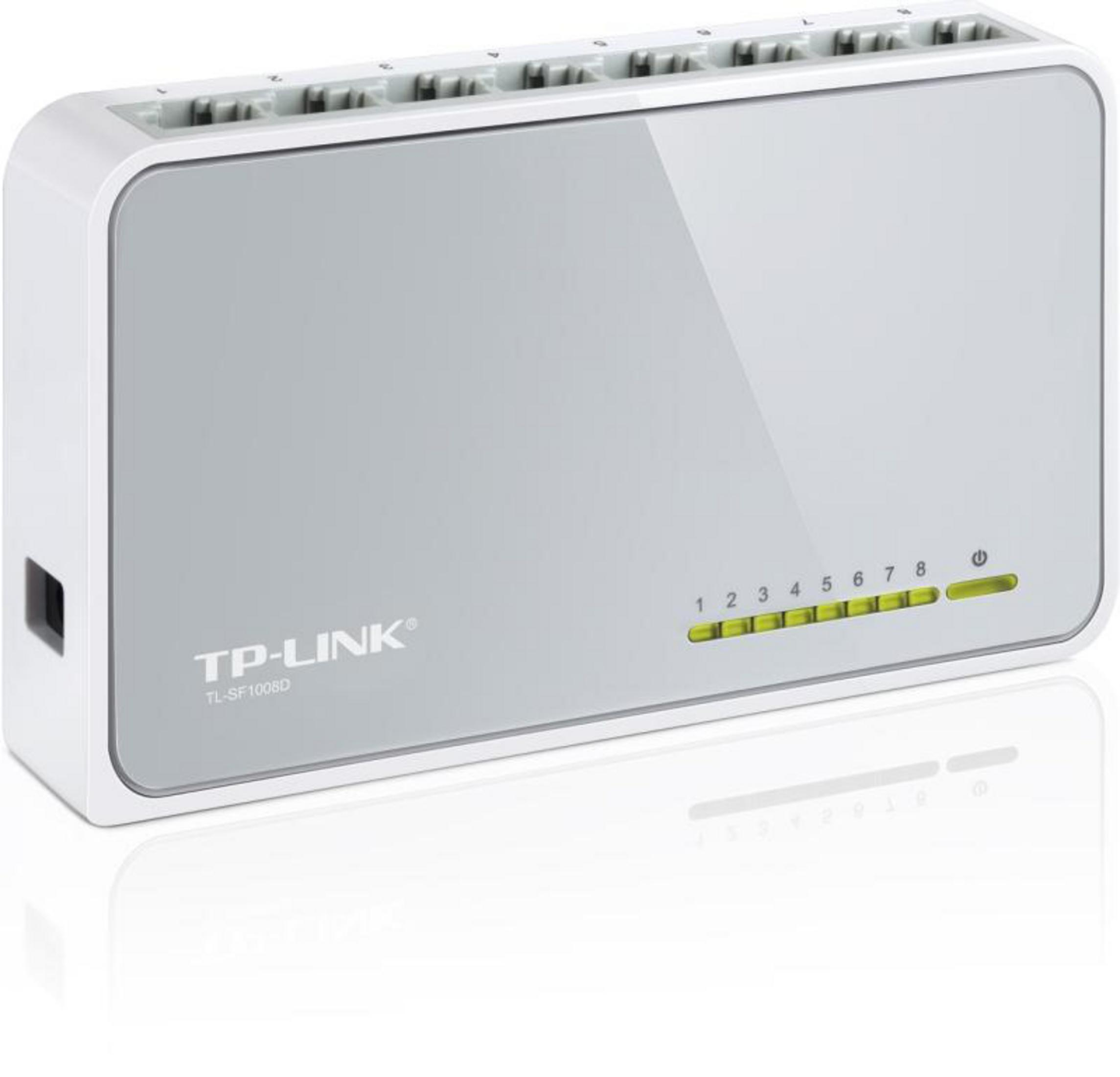 Biały przełącznik sieciowy TP-Link TL-SF1008D z 8 portami i diodami.