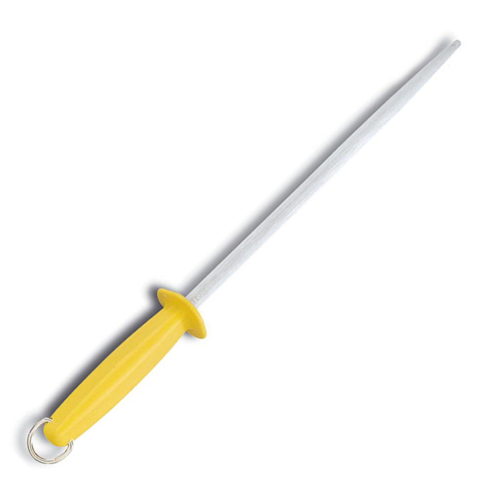 Gümüş çubuklu ve metal halkalı sarı saplı bileme çeliği.