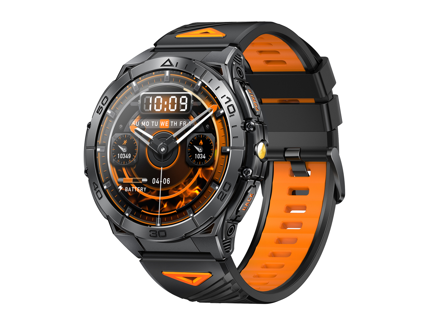 Czarny smartwatch z pomarańczowym paskiem i cyfrowym wyświetlaczem.