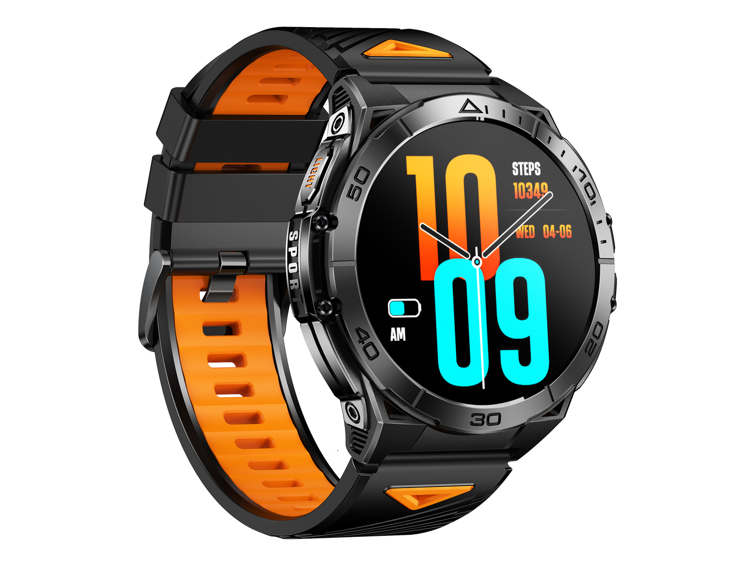 Czarno-pomarańczowy smartwatch na białym tle. Wyświetla 10:09, 10349 kroków, Śr 04-06.