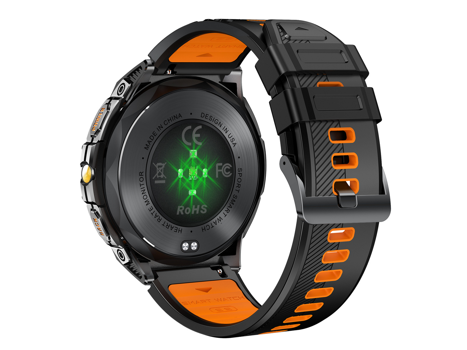 Czarny smartwatch z pomarańczowymi akcentami, tył z czujnikiem tętna i certyfikatami.