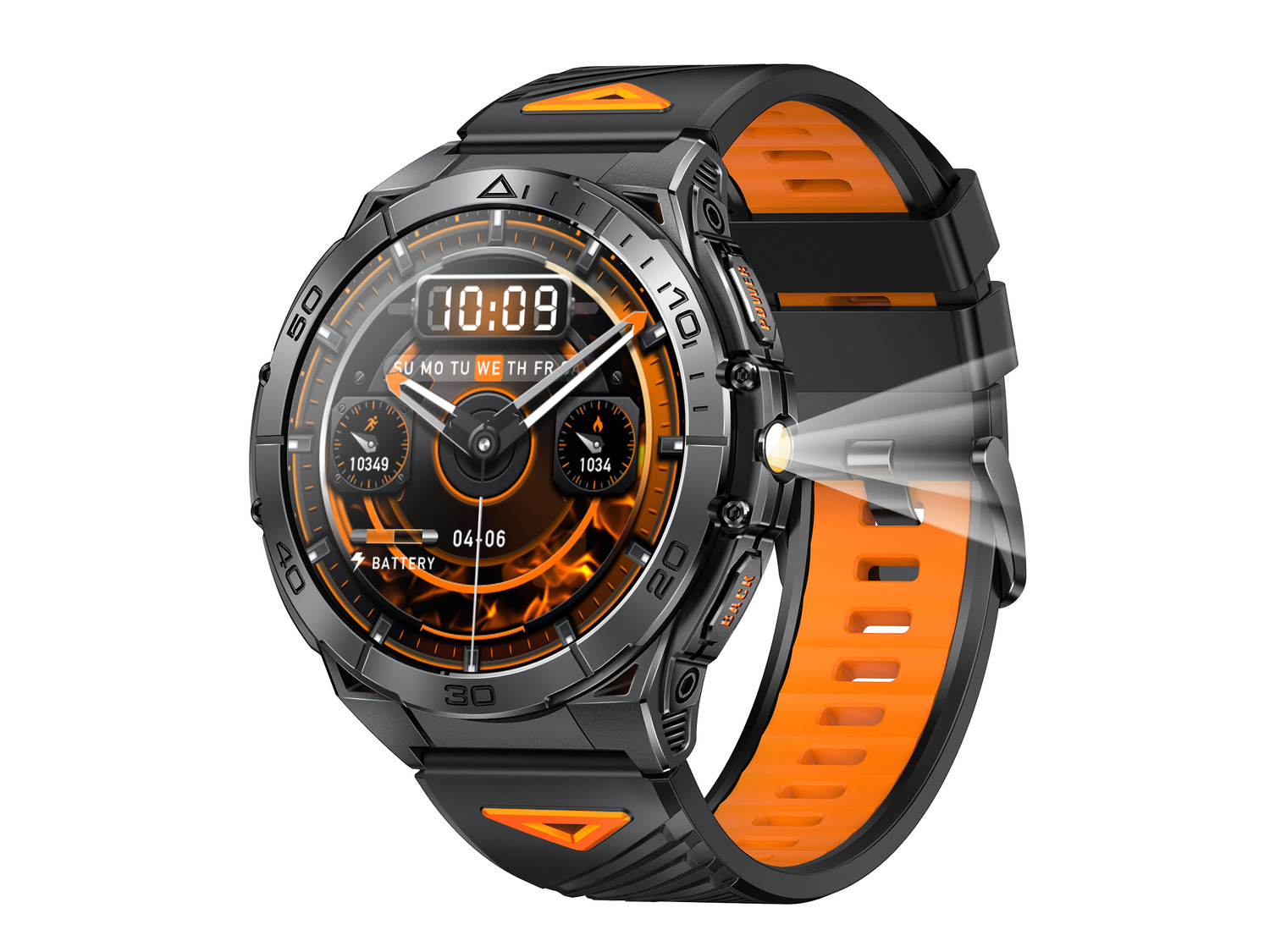 Czarny smartwatch z pomarańczowym paskiem i podświetloną diodą LED.