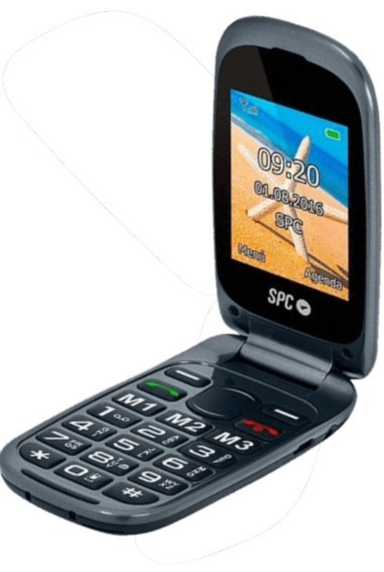 Un telefono flip grigio aperto con tastiera e schermo.