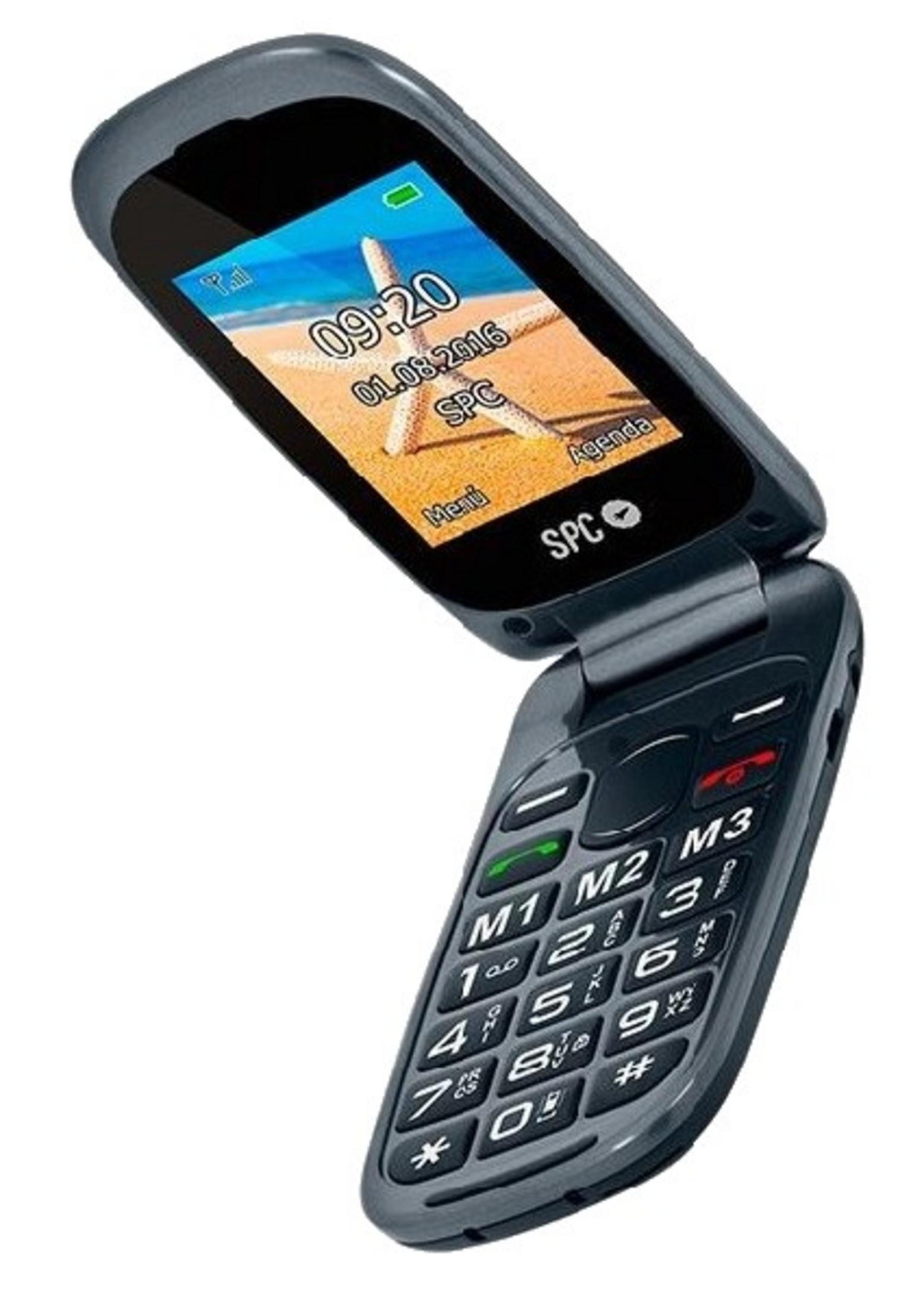 Un telefono a conchiglia grigio aperto con tema spiaggia sullo schermo.