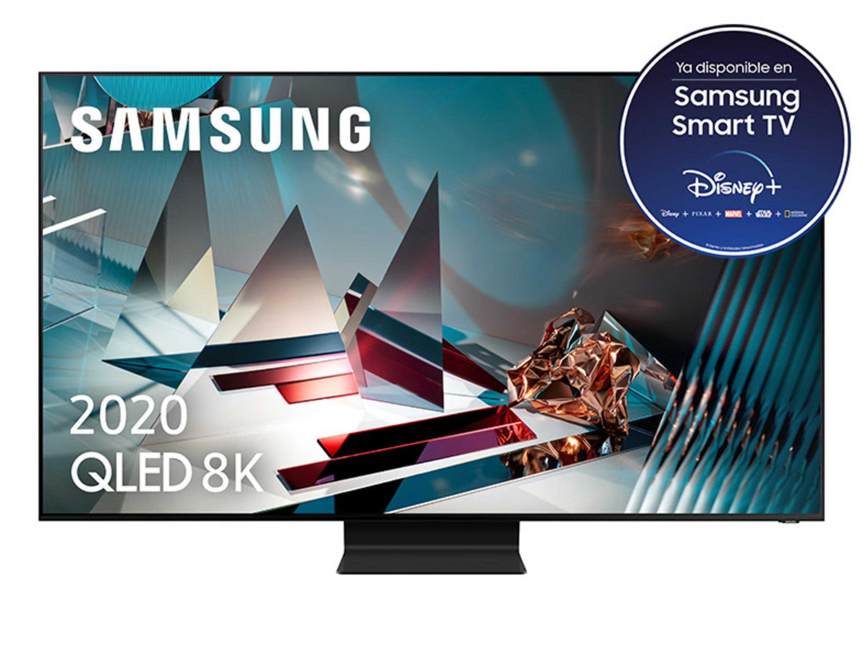 TV Samsung QLED 8K 2020 con gráficos abstractos y logo Disney+.