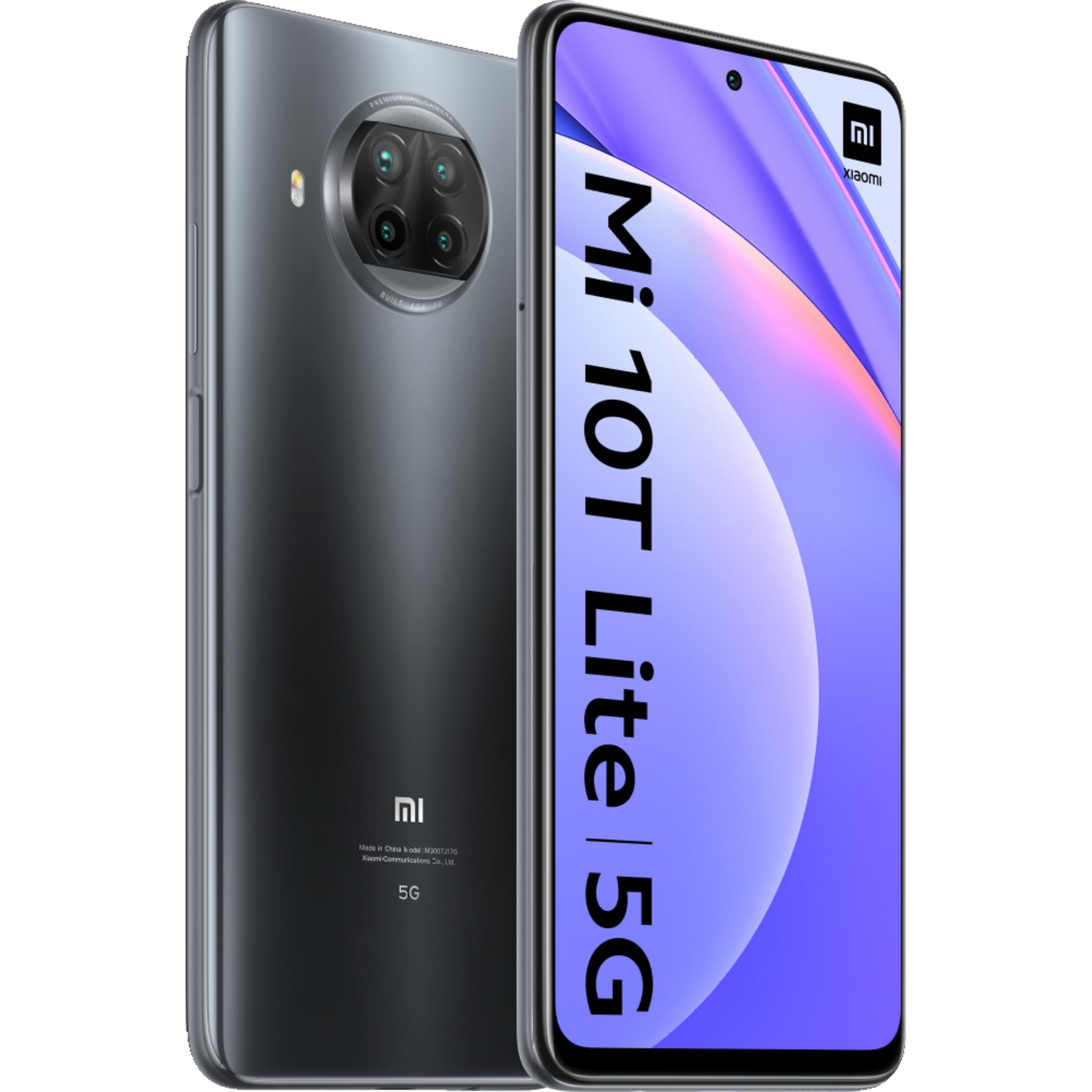Grijze Xiaomi Mi 10T Lite 5G smartphone met opstelling van vier camera's aan de achterzijde.