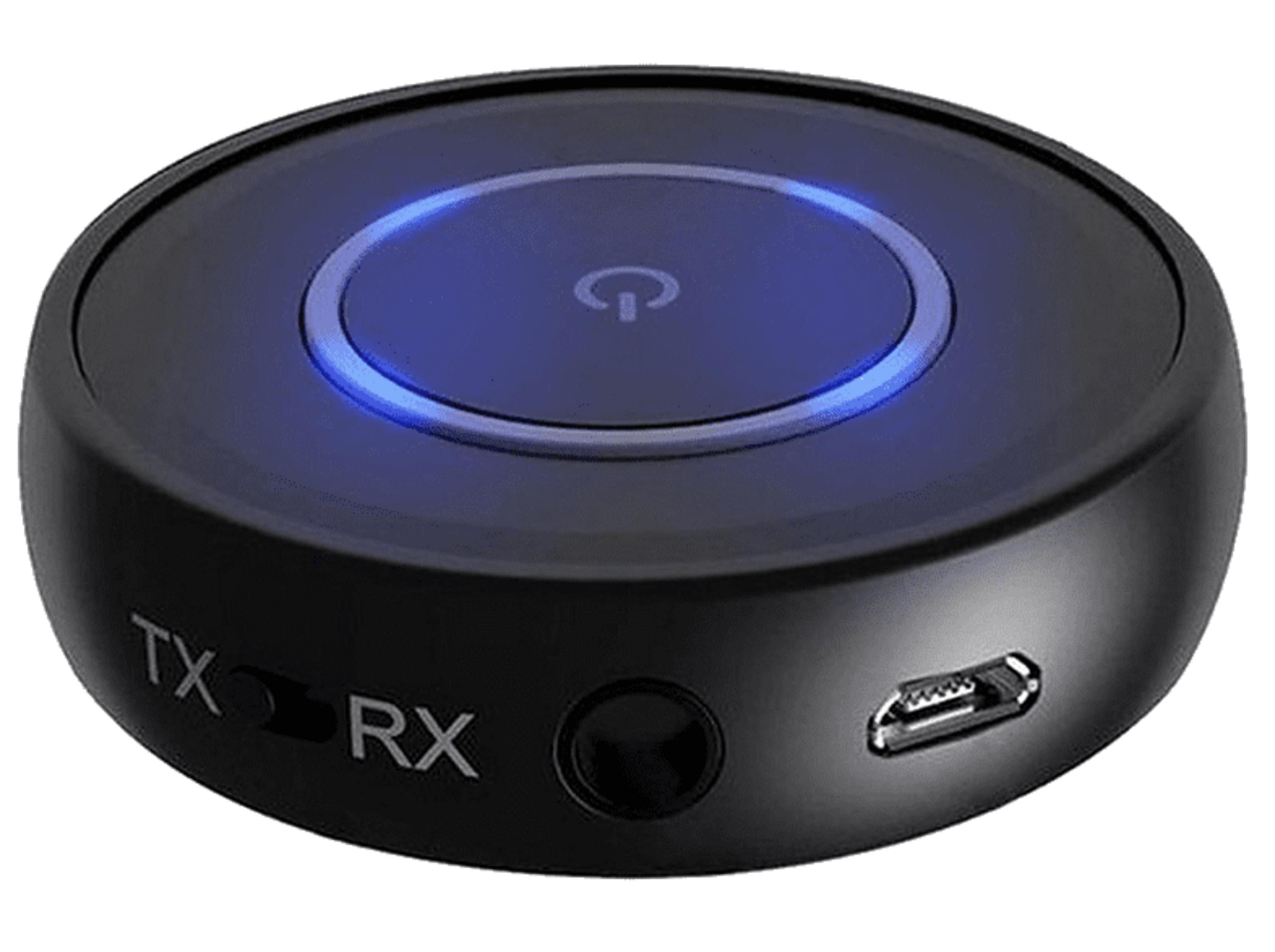Transmisor/receptor Bluetooth redondo negro con botón de encendido azul brillante.
