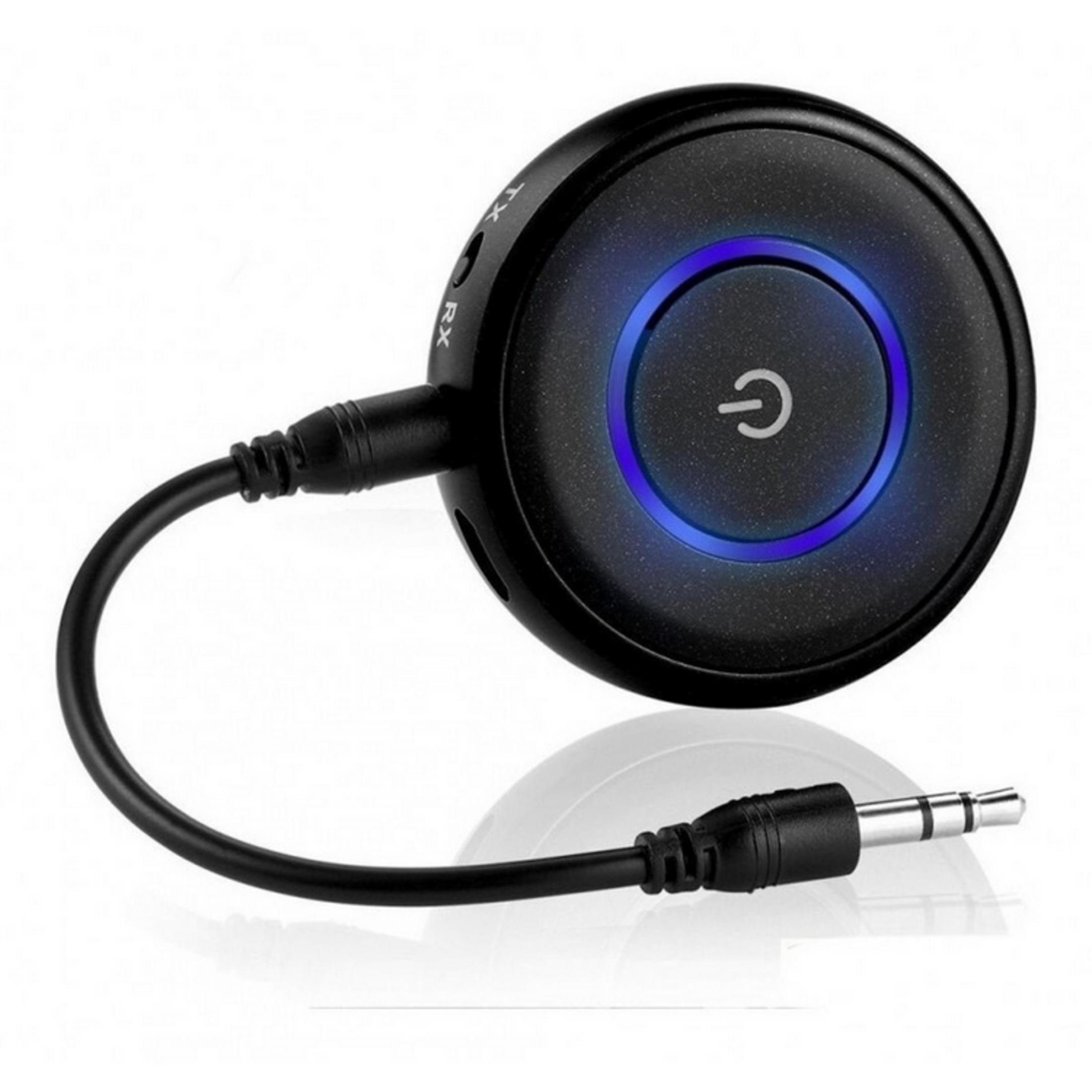 Adaptador Bluetooth redondo negro con anillo de luz azul y símbolo de encendido.