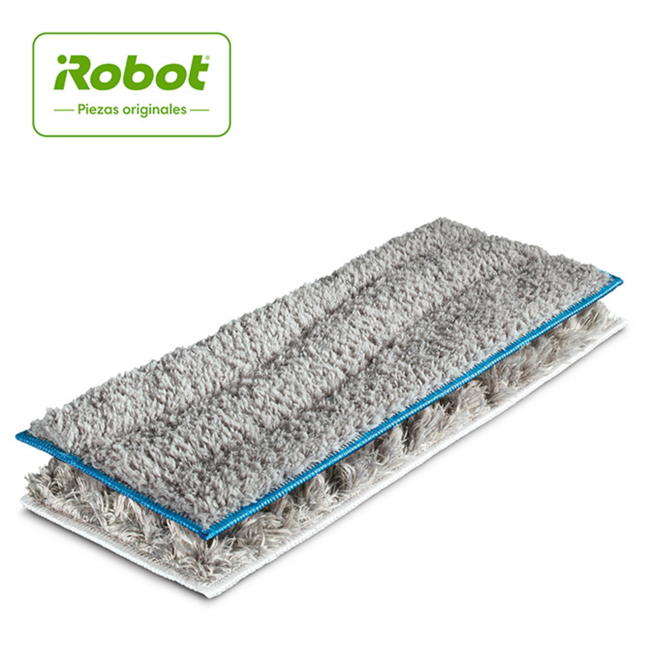 Mopa de microfibra gris con costuras azules sobre fondo blanco.