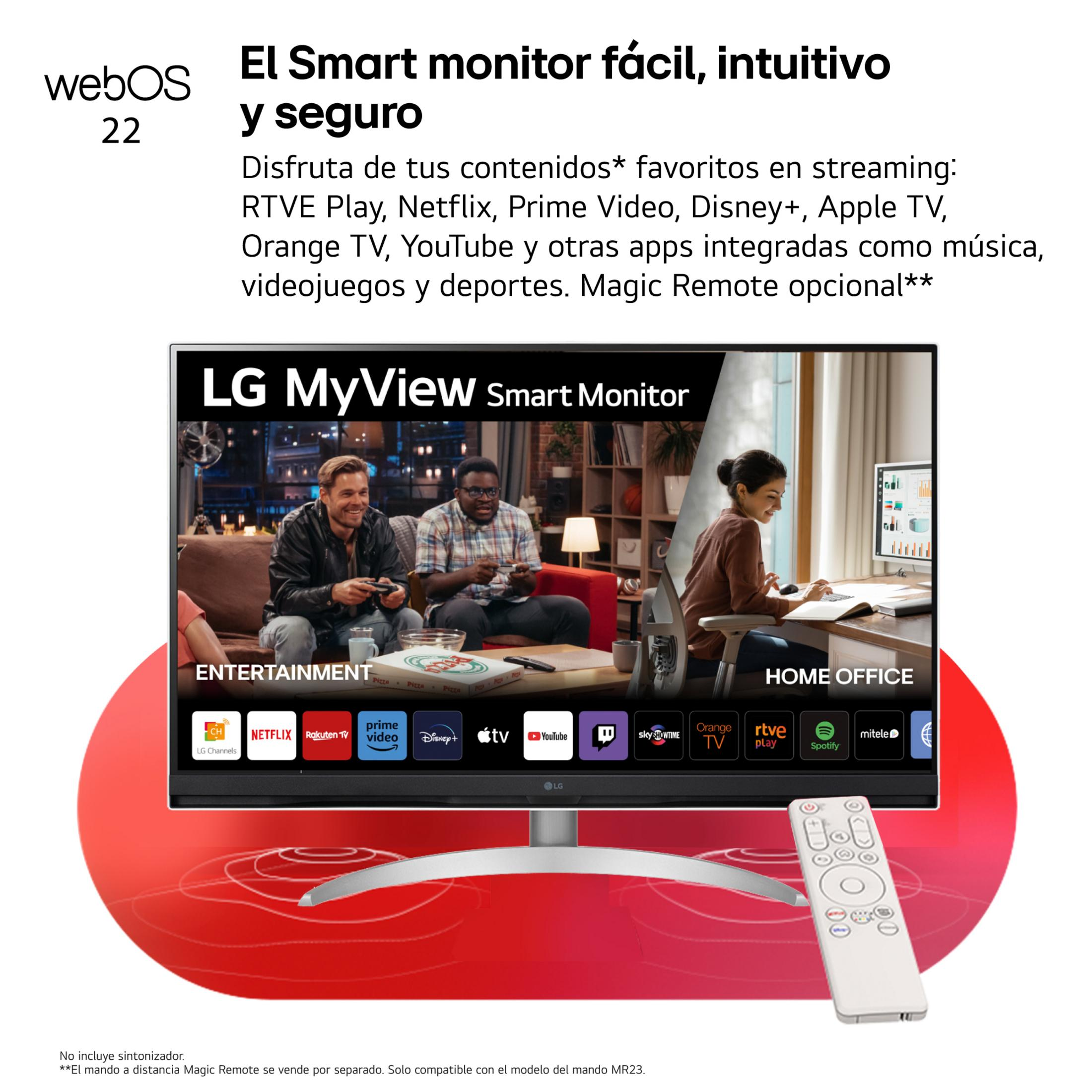 Monitor Inteligente LG MyView con webOS 22, muestra apps de entretenimiento y oficina.