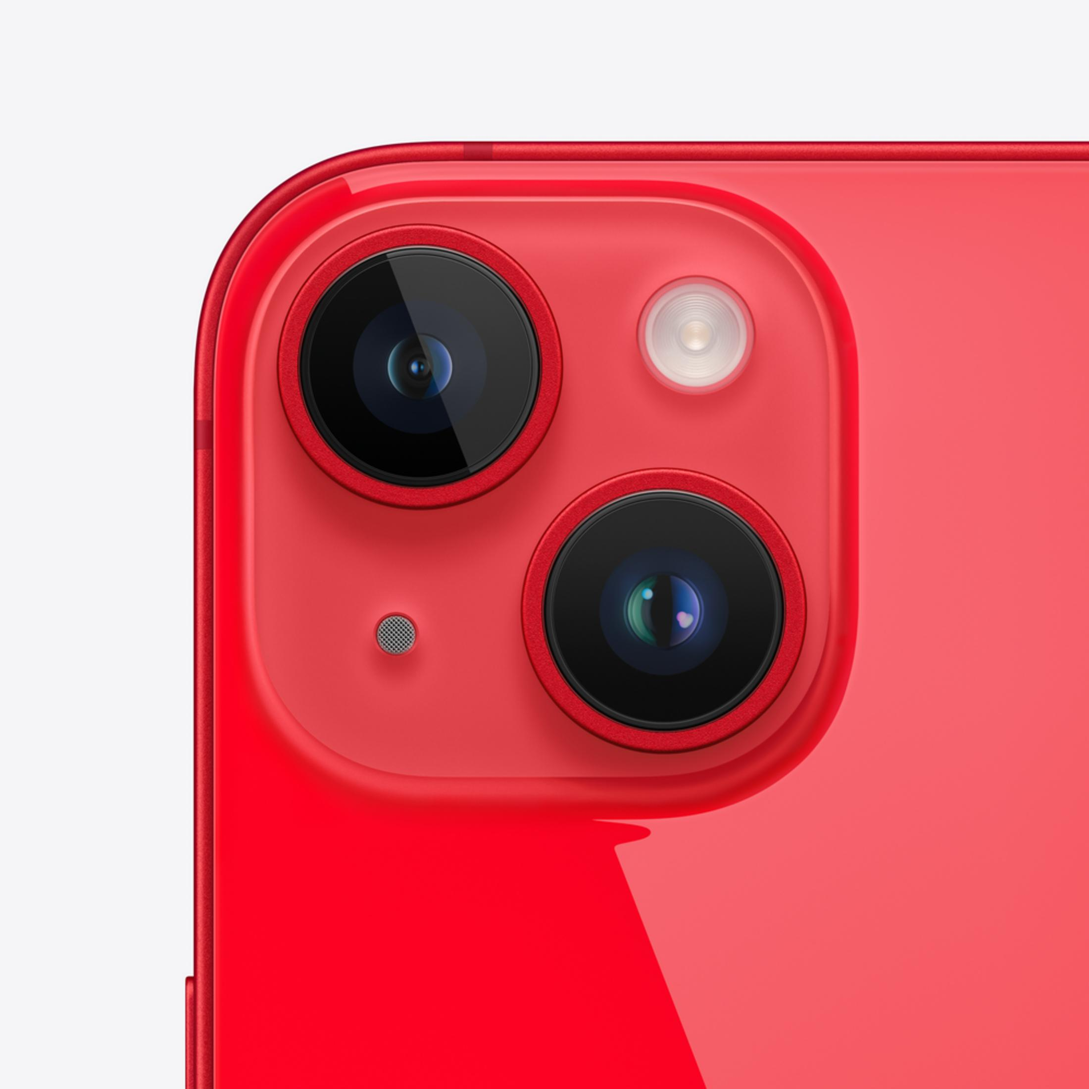 Smartphone rosso con due lenti e flash.