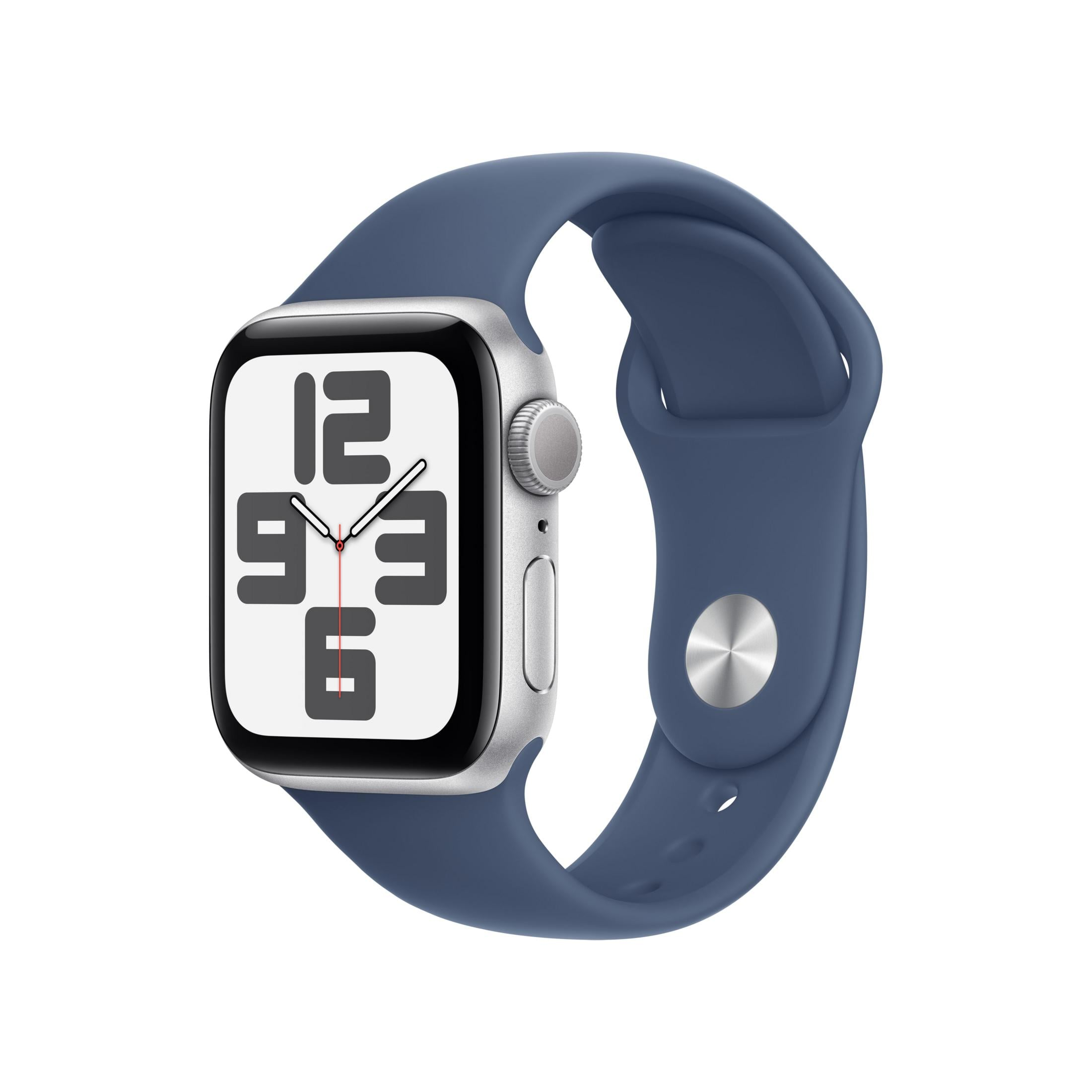 Uno smartwatch blu con cassa argentata e quadrante bianco con grandi numeri neri.