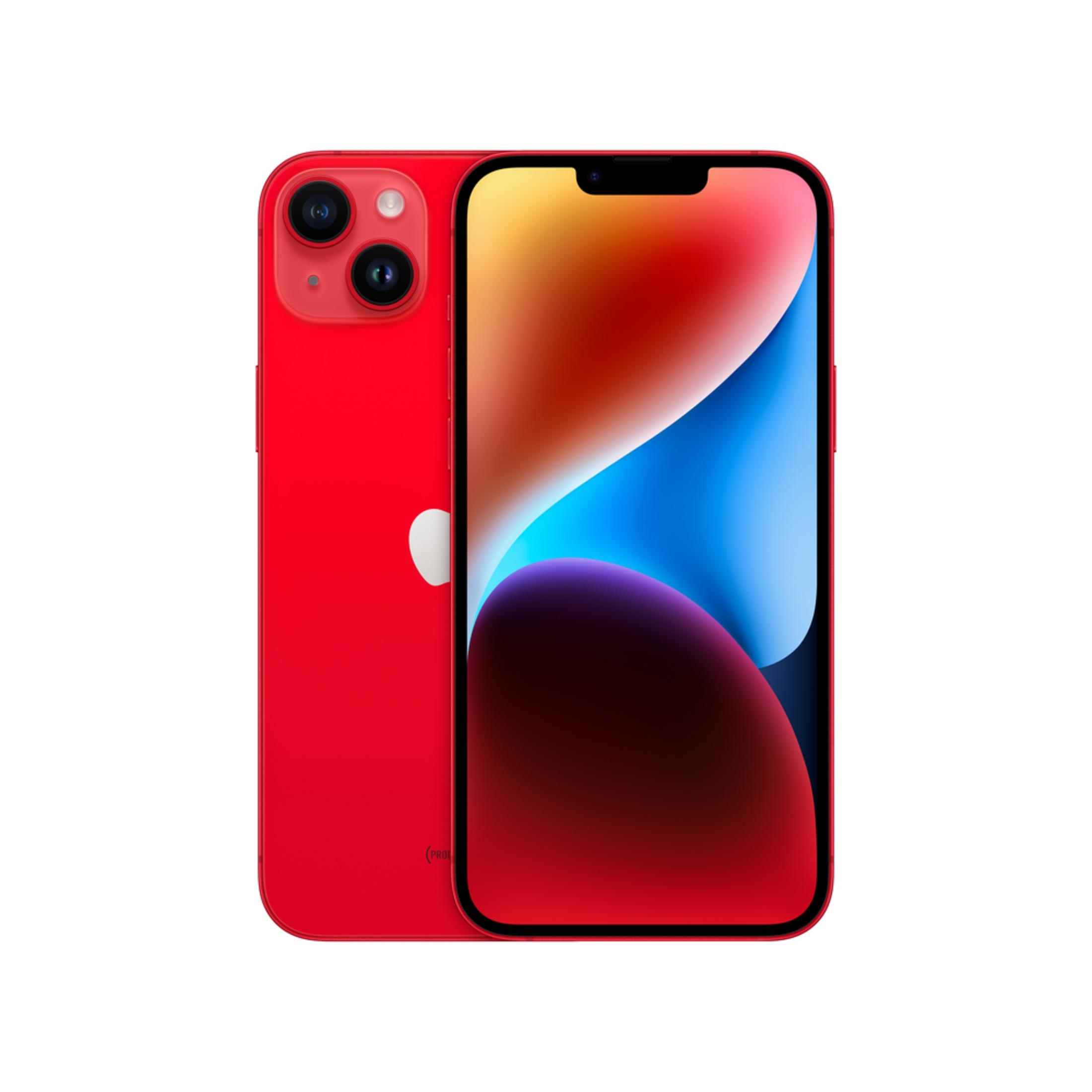 Un iPhone rosso con due fotocamere, visualizzato su sfondo bianco.