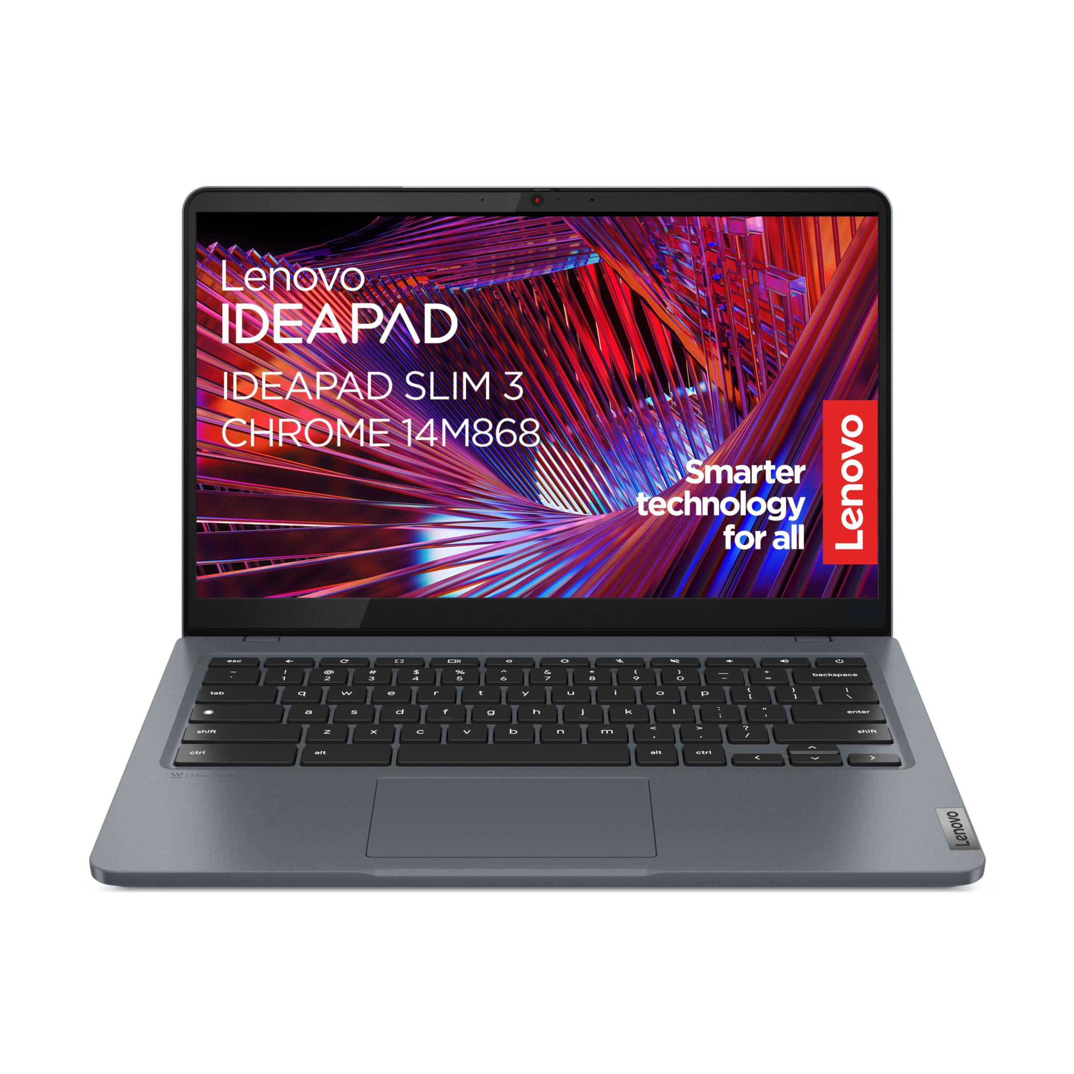 Un Lenovo Ideapad Slim 3 Chromebook gris con fondo colorido.