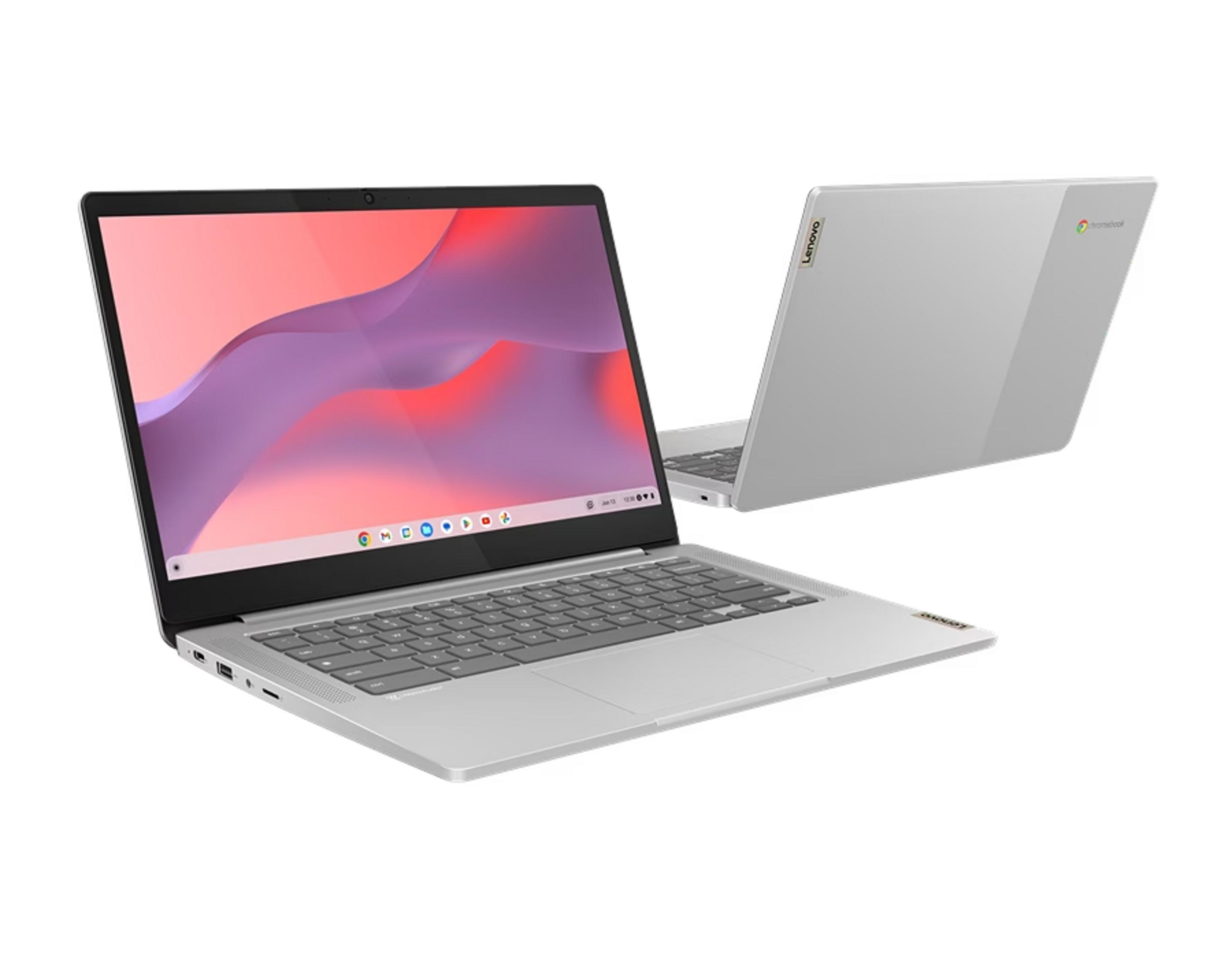 Un Chromebook Lenovo plateado, abierto, muestra teclado y pantalla.