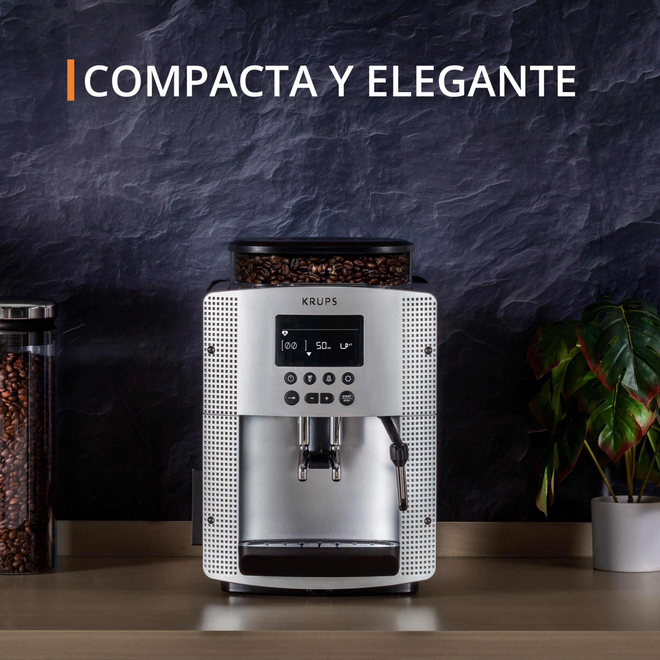 Cafetera plateada con depósito de granos, junto a un tarro de cristal con granos y una planta.