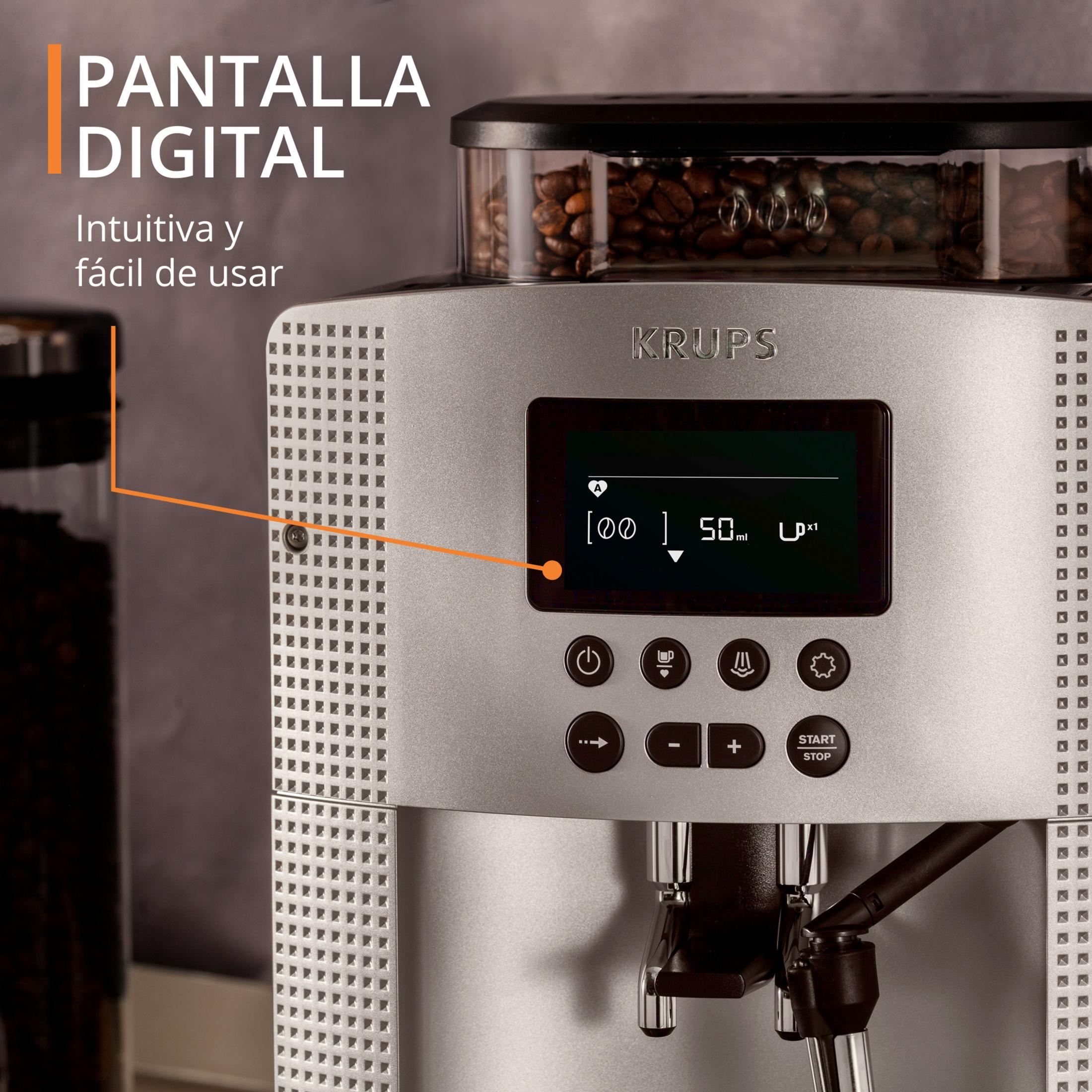 Cafetera Krups con pantalla digital, depósito de granos y botones de control.