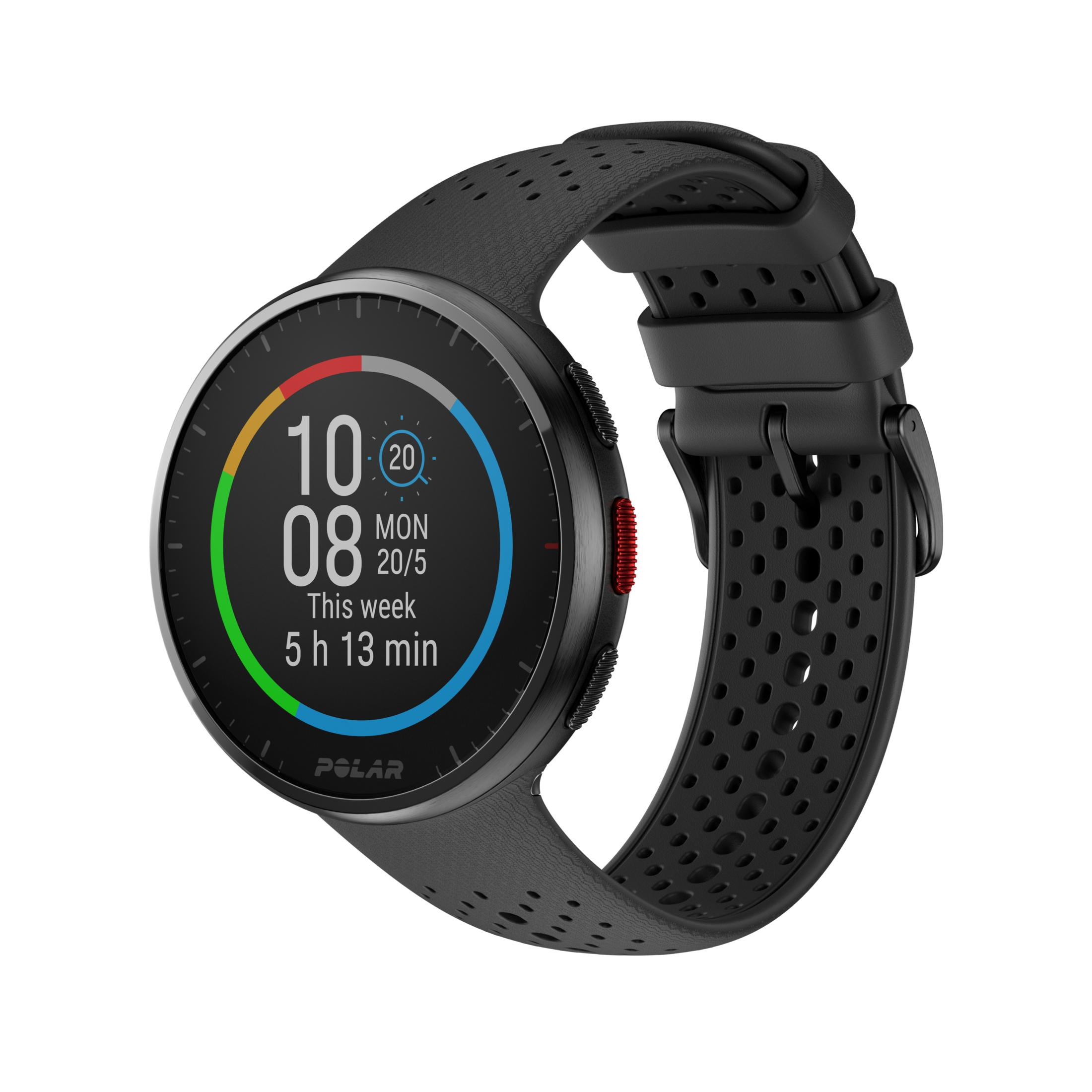 Orologio sportivo nero con display rotondo che mostra ora e dati di allenamento.