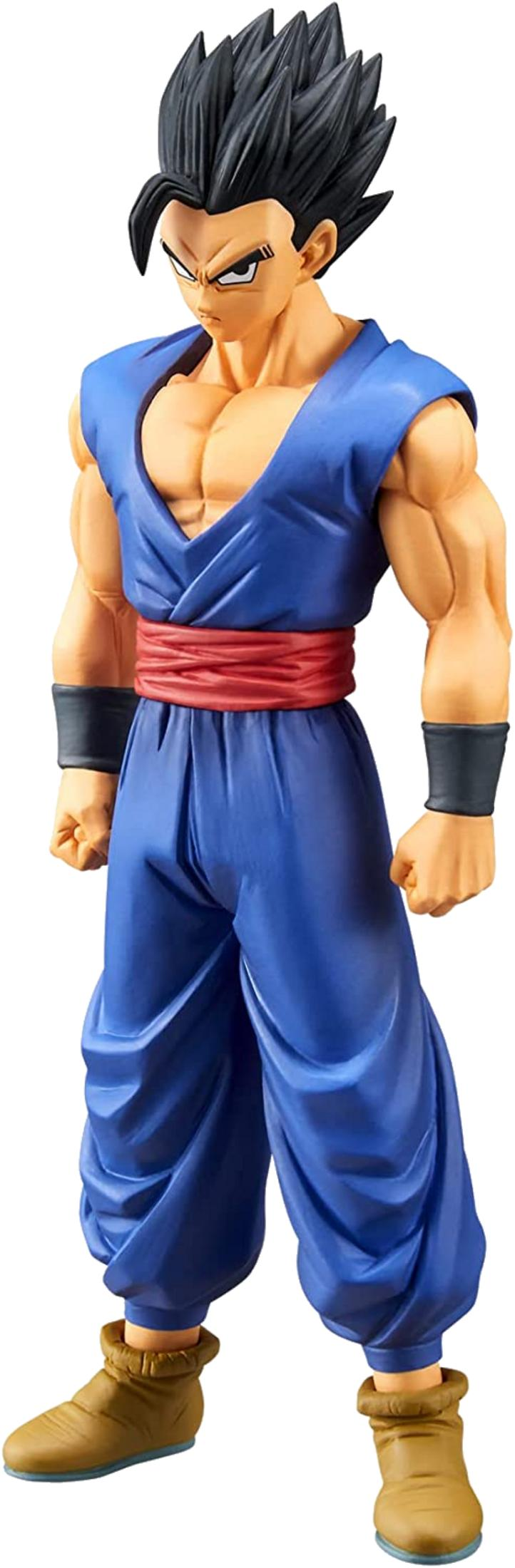 Eine Actionfigur eines Mannes mit dunklem Haar, blauer Weste, rotem Gürtel und braunen Stiefeln.