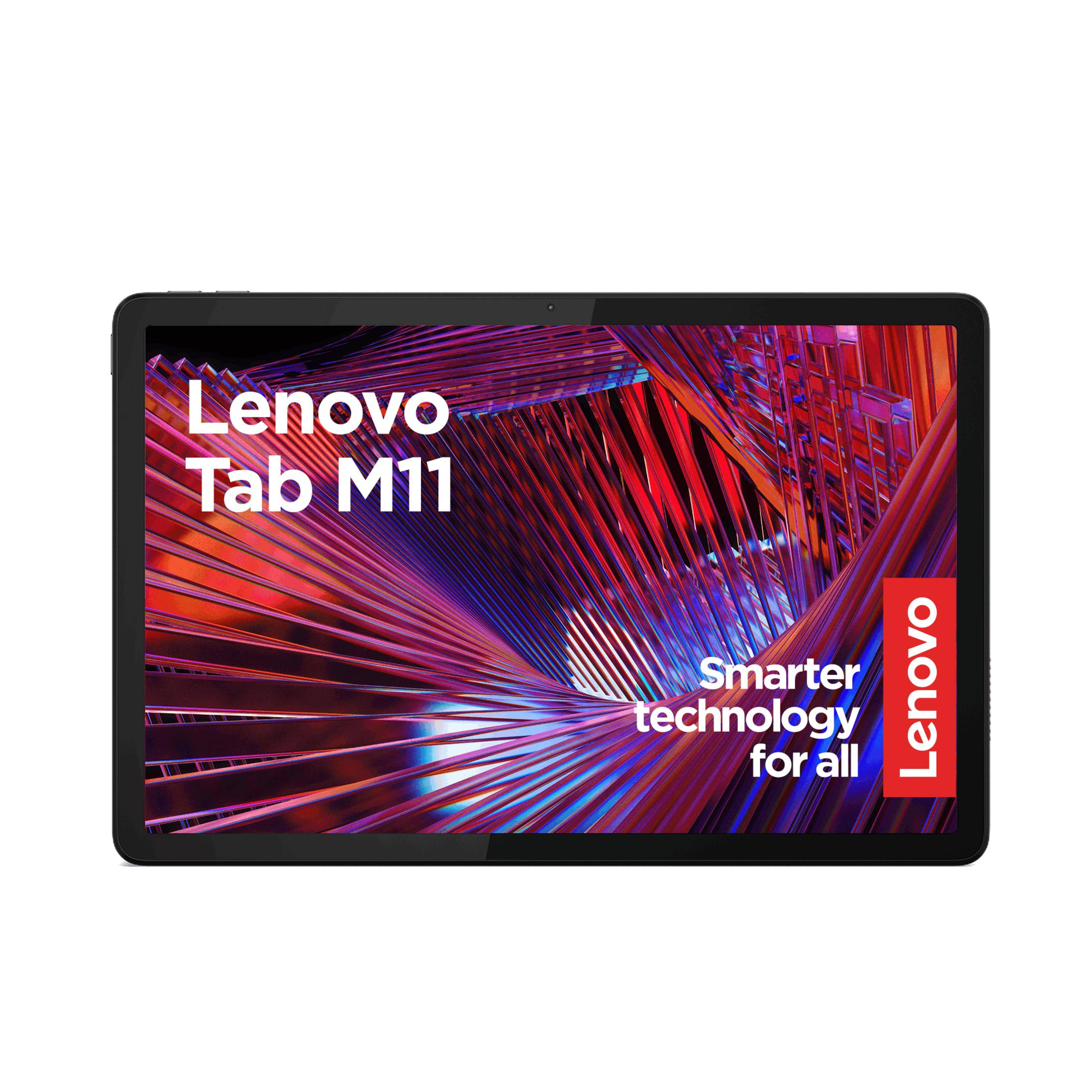 Tableta Lenovo Tab M11 con fondo abstracto y logotipo de Lenovo.