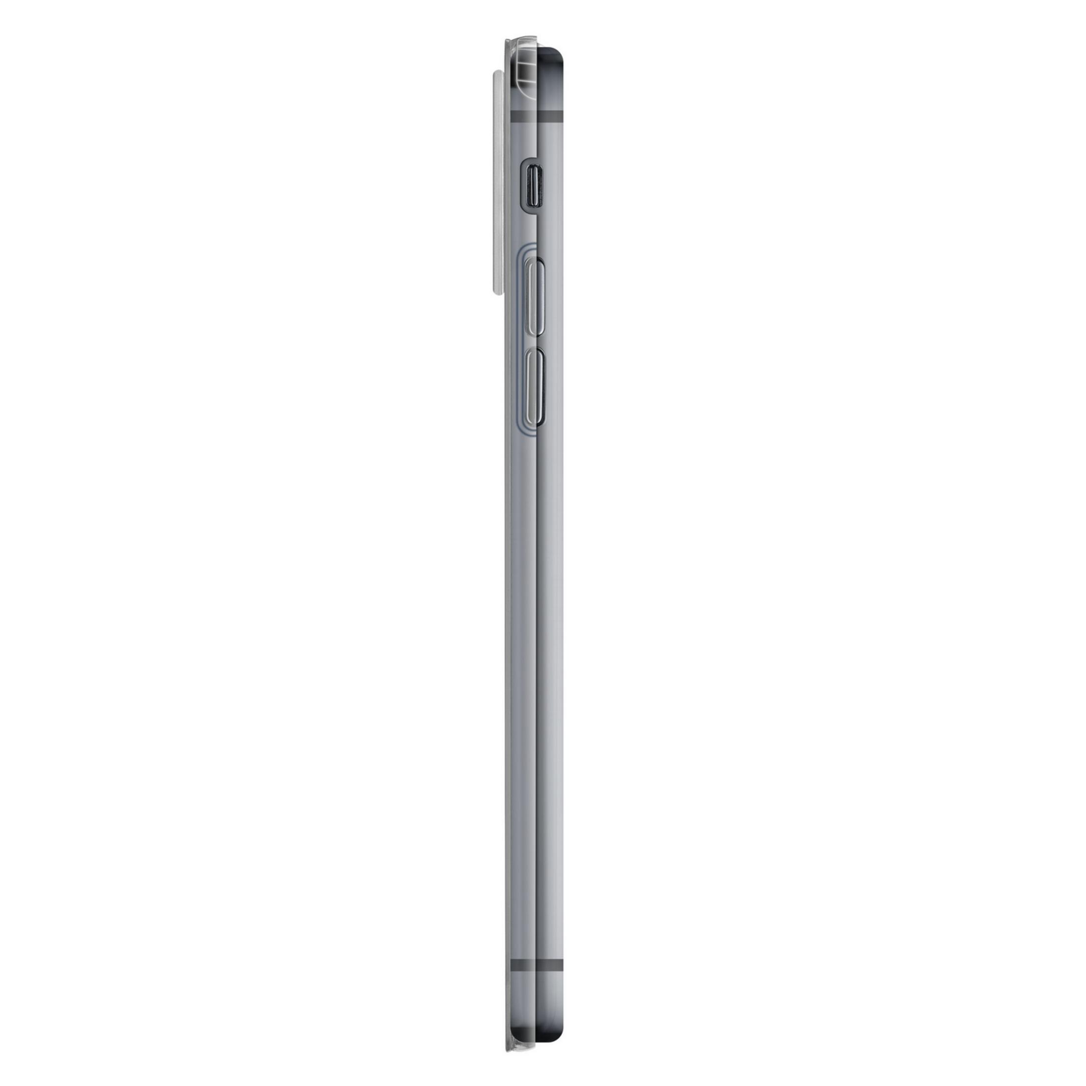 Uno smartphone grigio visto di profilo, con pulsanti e porta di ricarica visibili.