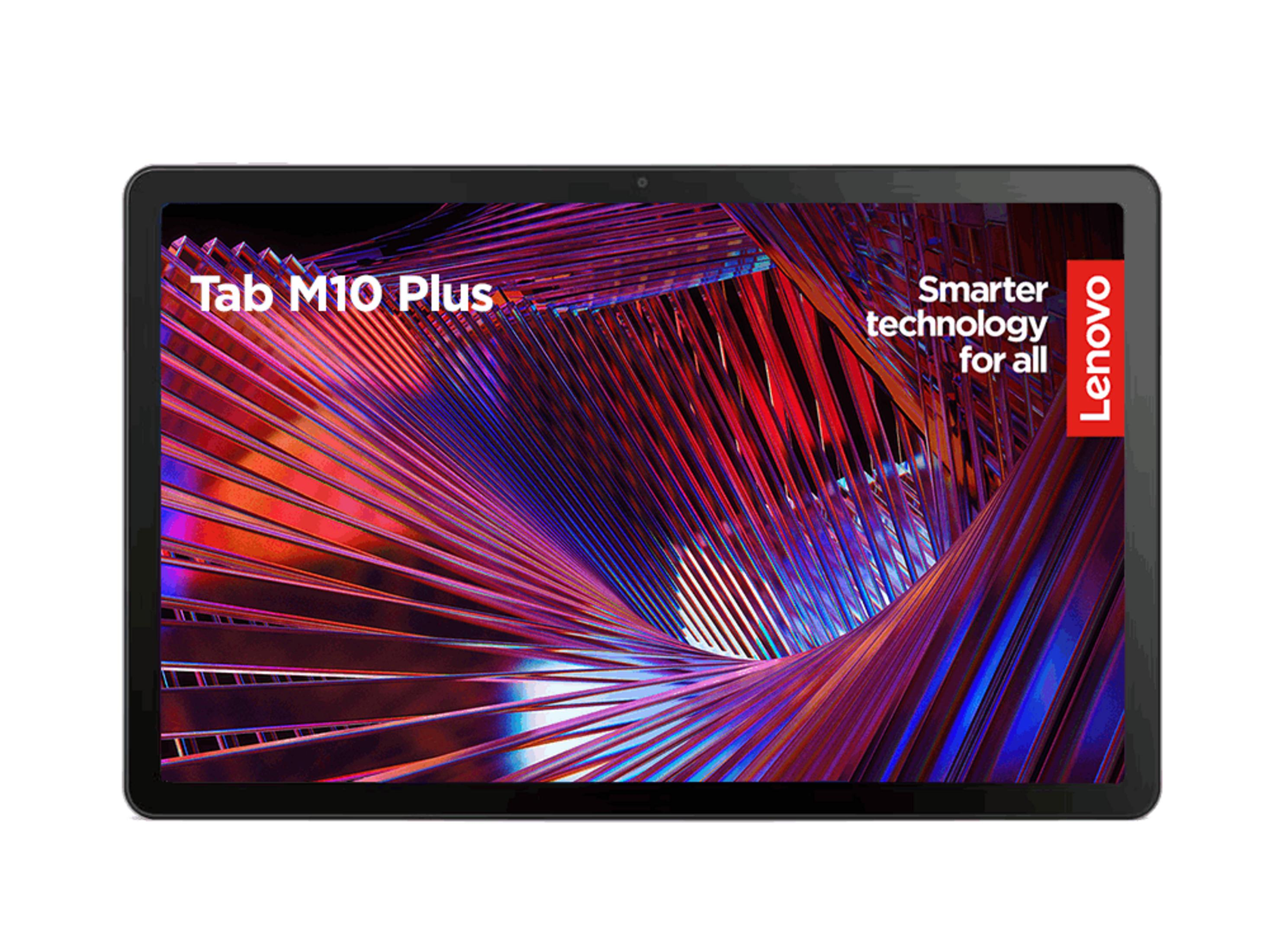 Una tablet Lenovo Tab M10 Plus muestra un fondo abstracto en tonos rojos y azules.