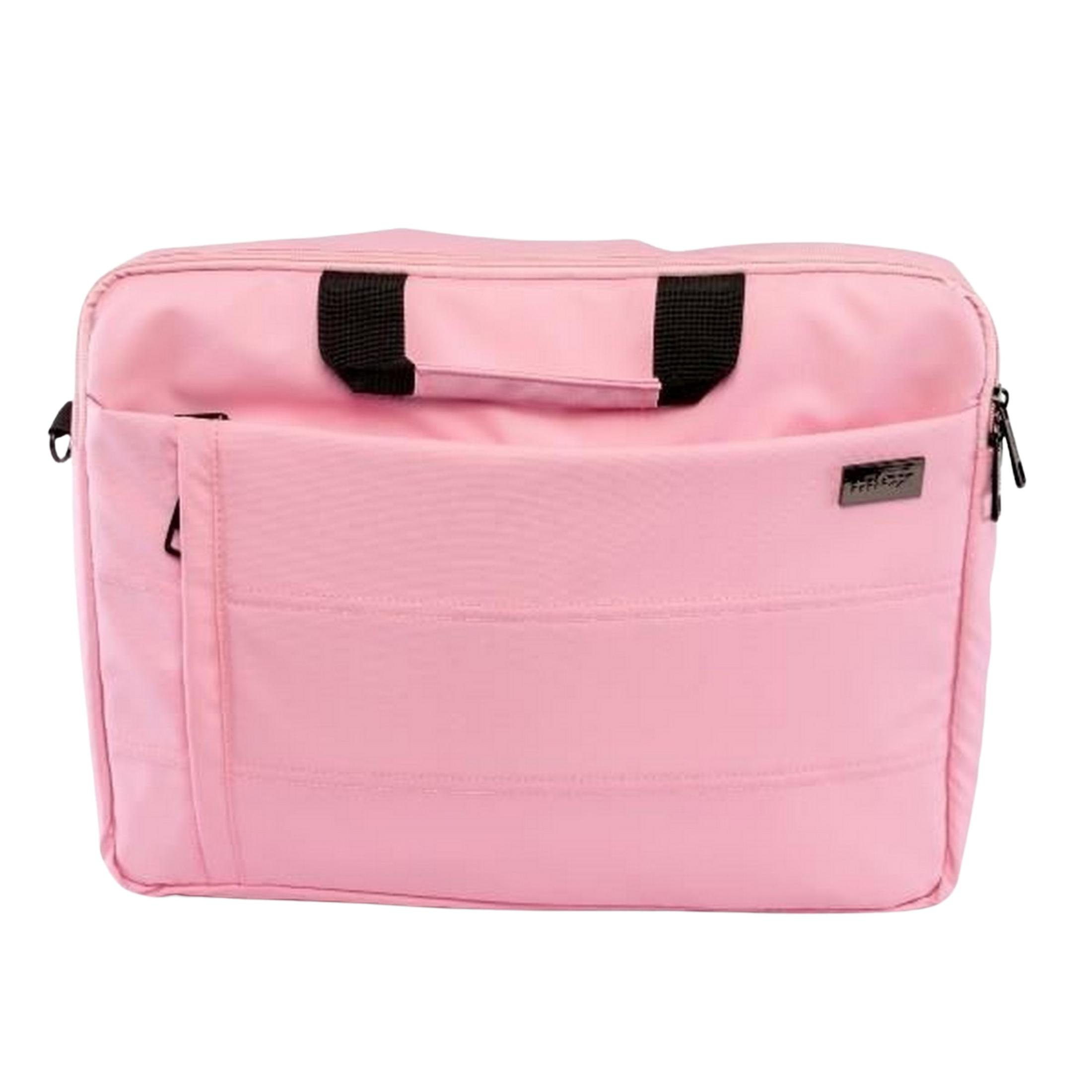 Una bolsa para portátil rosa con asas y cremalleras negras.