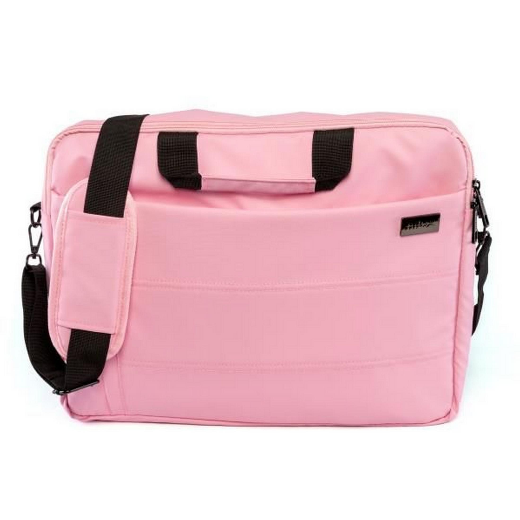 Una bolsa para portátil rosa con correas negras y un logo plateado.