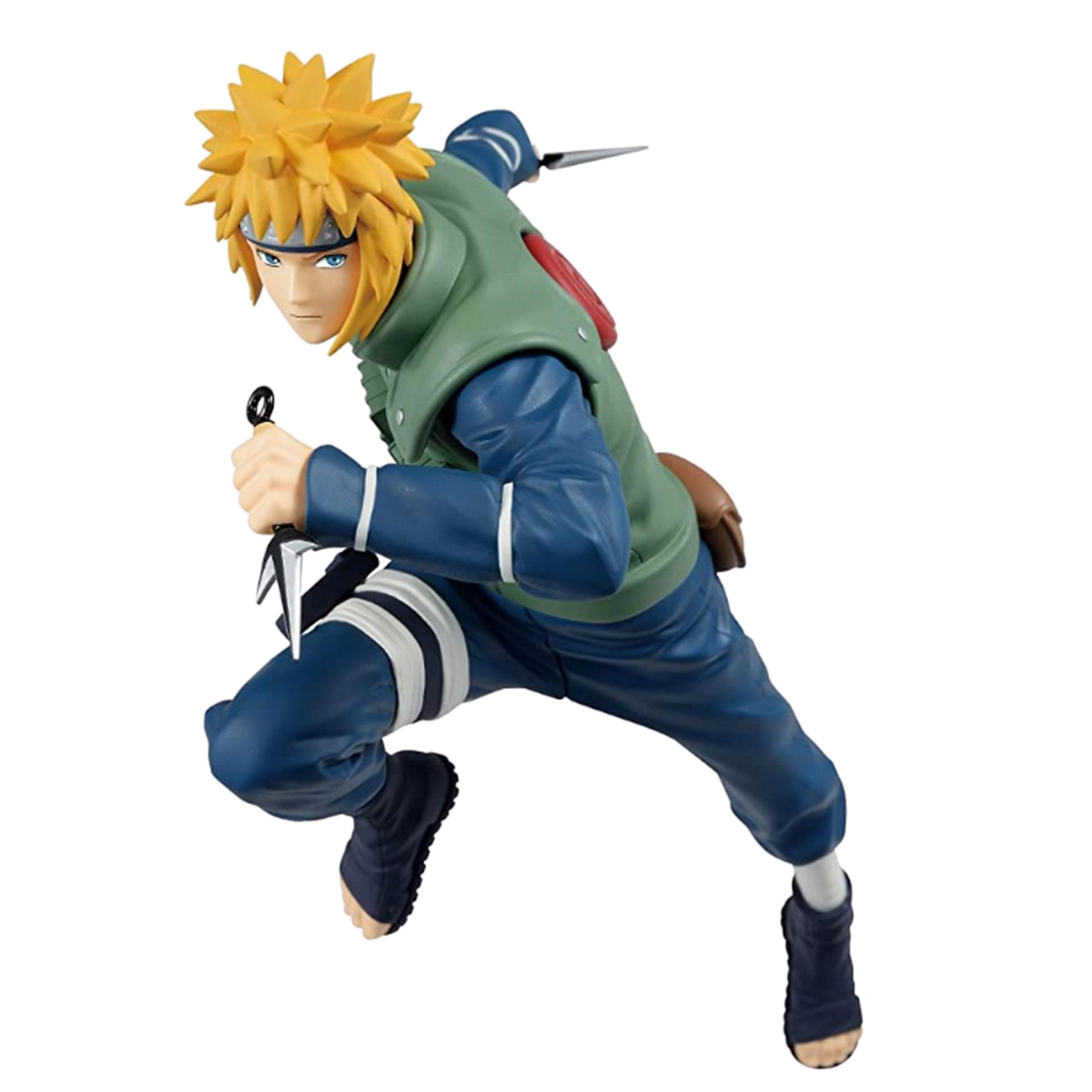 Minato Namikaze Figur im Laufschritt, hält Kunai, trägt blaue Kleidung und eine grüne Weste.